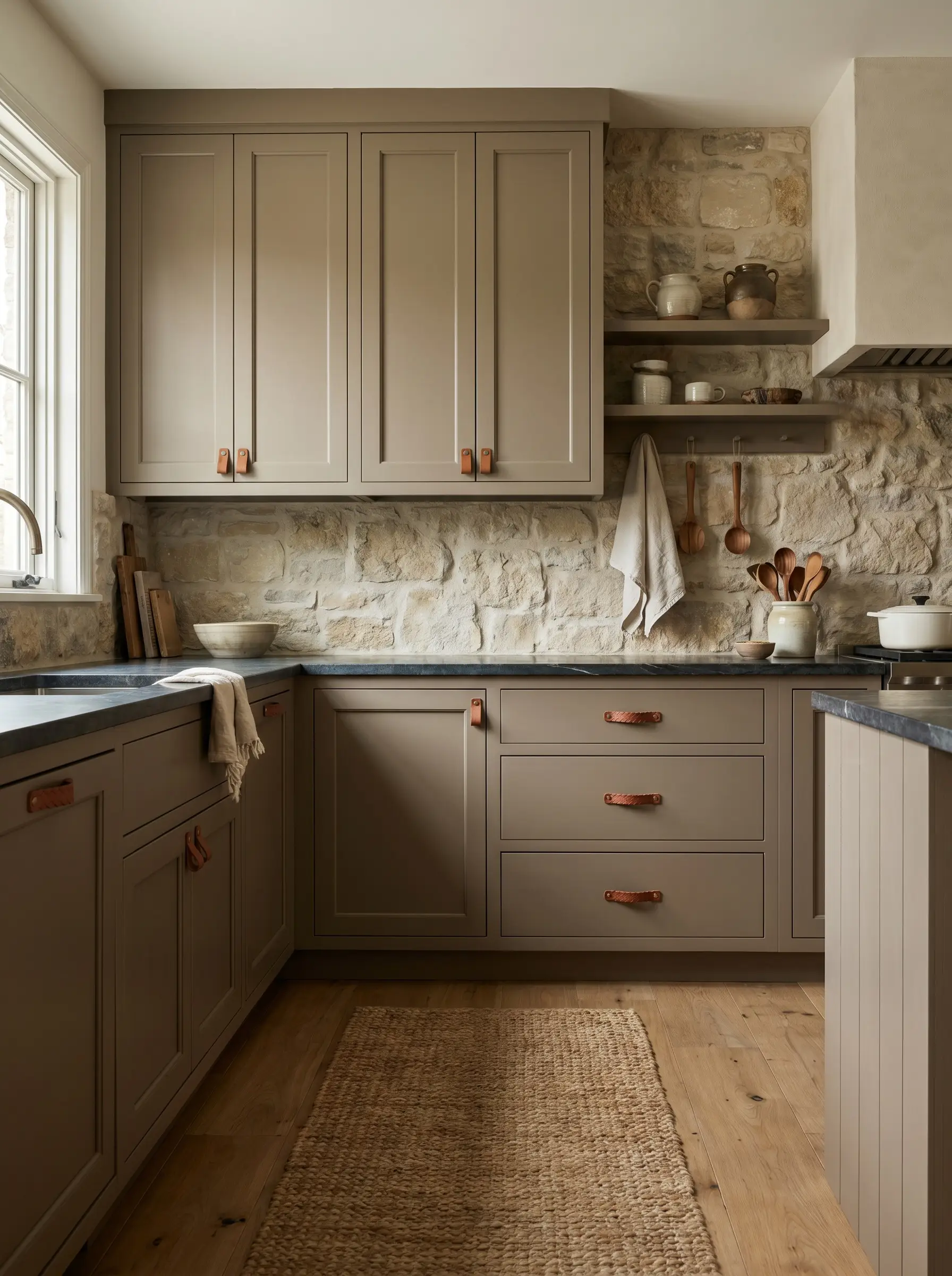 Saddle-brown woven leather tab hardware introduces organic texture to earthy taupe painted upper cabinets above a textured stone backsplash.