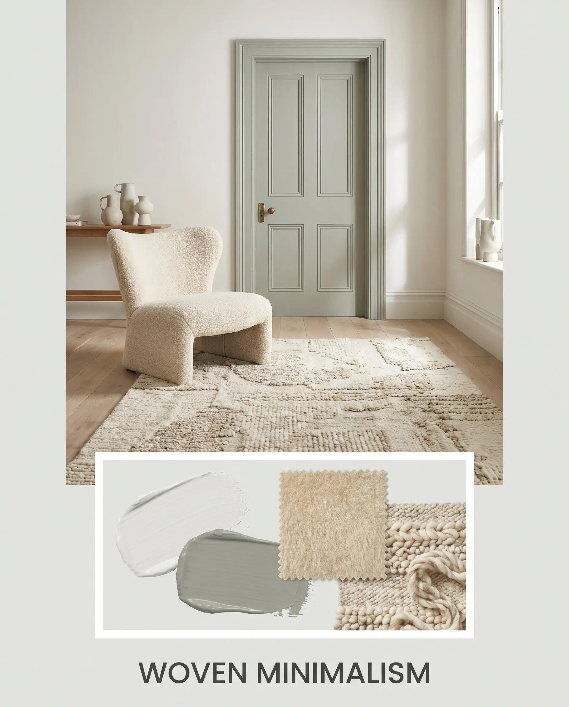 A plush mohair accent chair and hand-knotted wool rug rest on light oak floors beneath a muted gray-green interior door and cool-toned off-white walls.