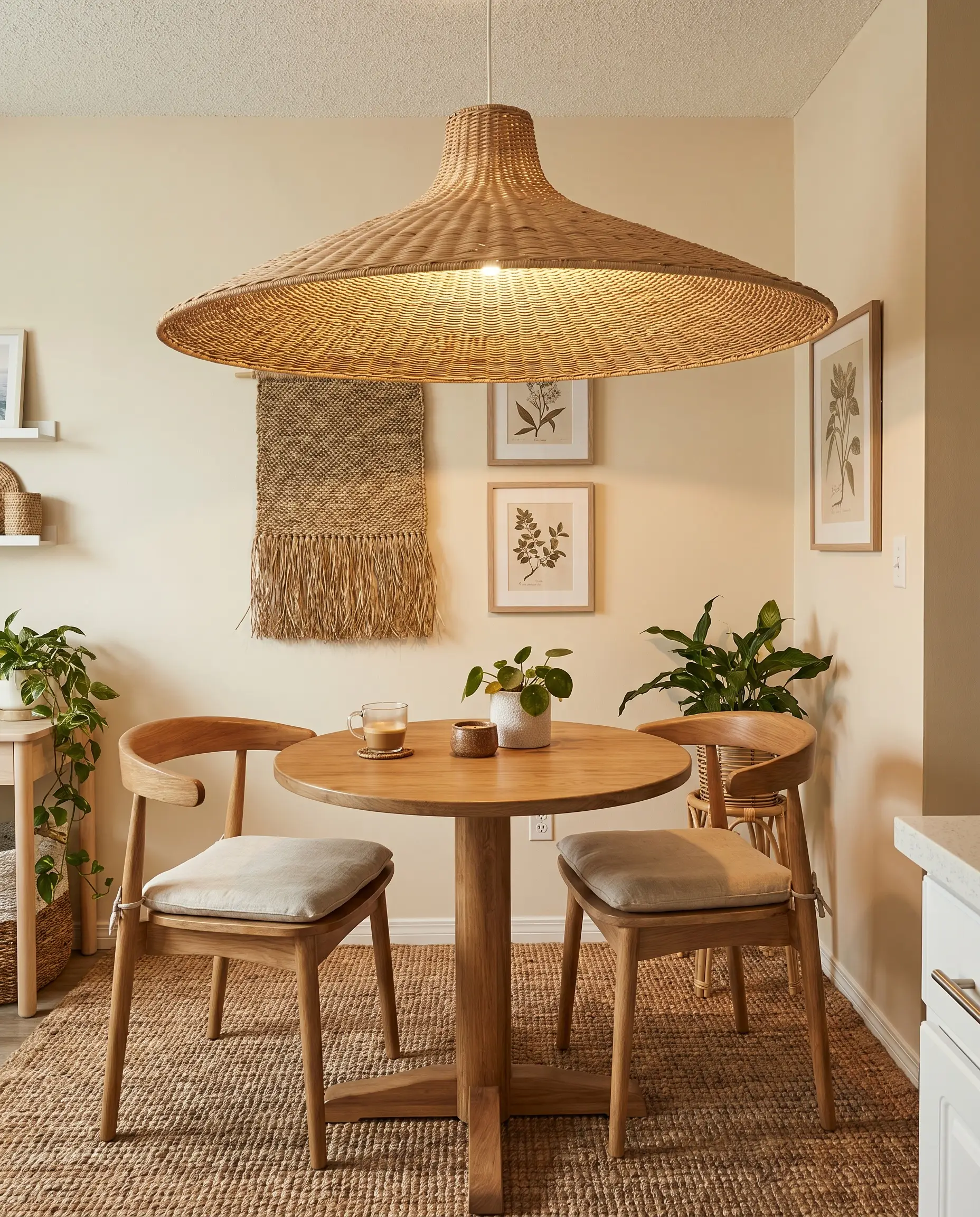 An oversized woven natural rattan pendant hangs above a round pedestal cafe table and curved wood chairs surrounded by Sherwin-Williams Alabaster painted walls.
