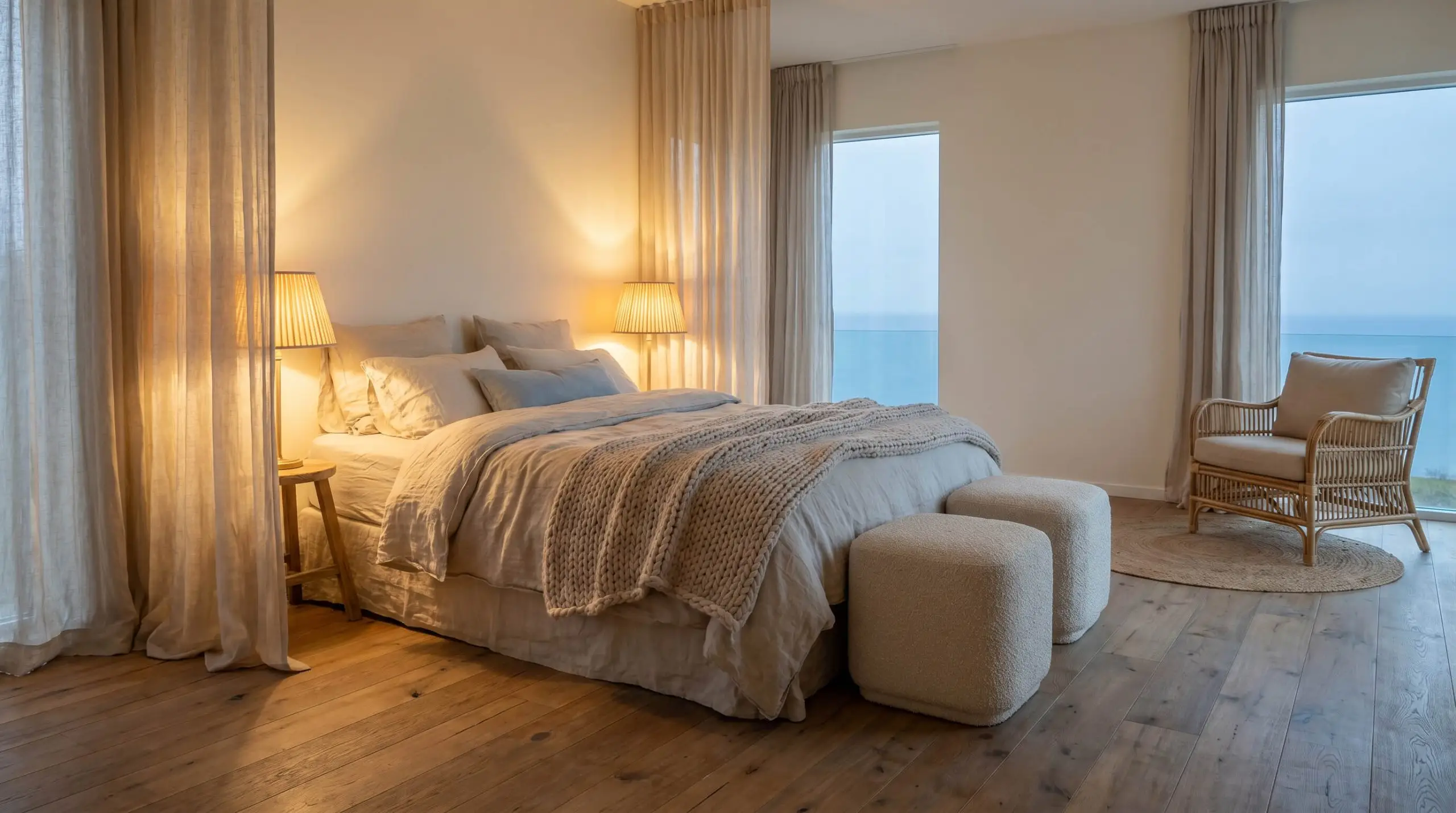 Sheer cotton drapery pools effortlessly on wide-plank wood floors alongside a cozy bed, bouclé ottomans, and a woven rattan accent chair against creamy walls.