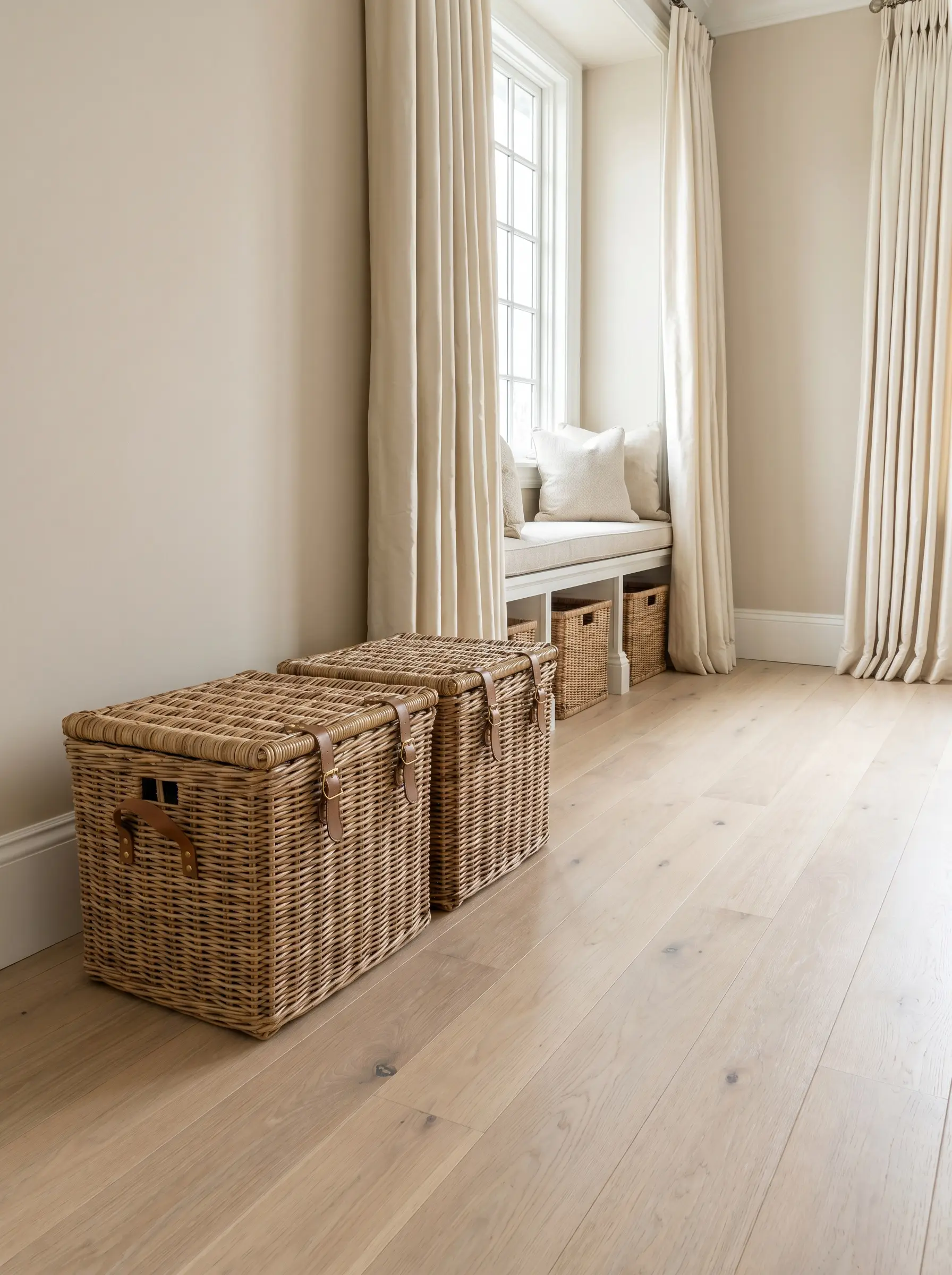 Thick-woven natural rattan storage baskets with solid brass buckles sit on wide-plank European white oak floors against Benjamin Moore First Light painted walls.