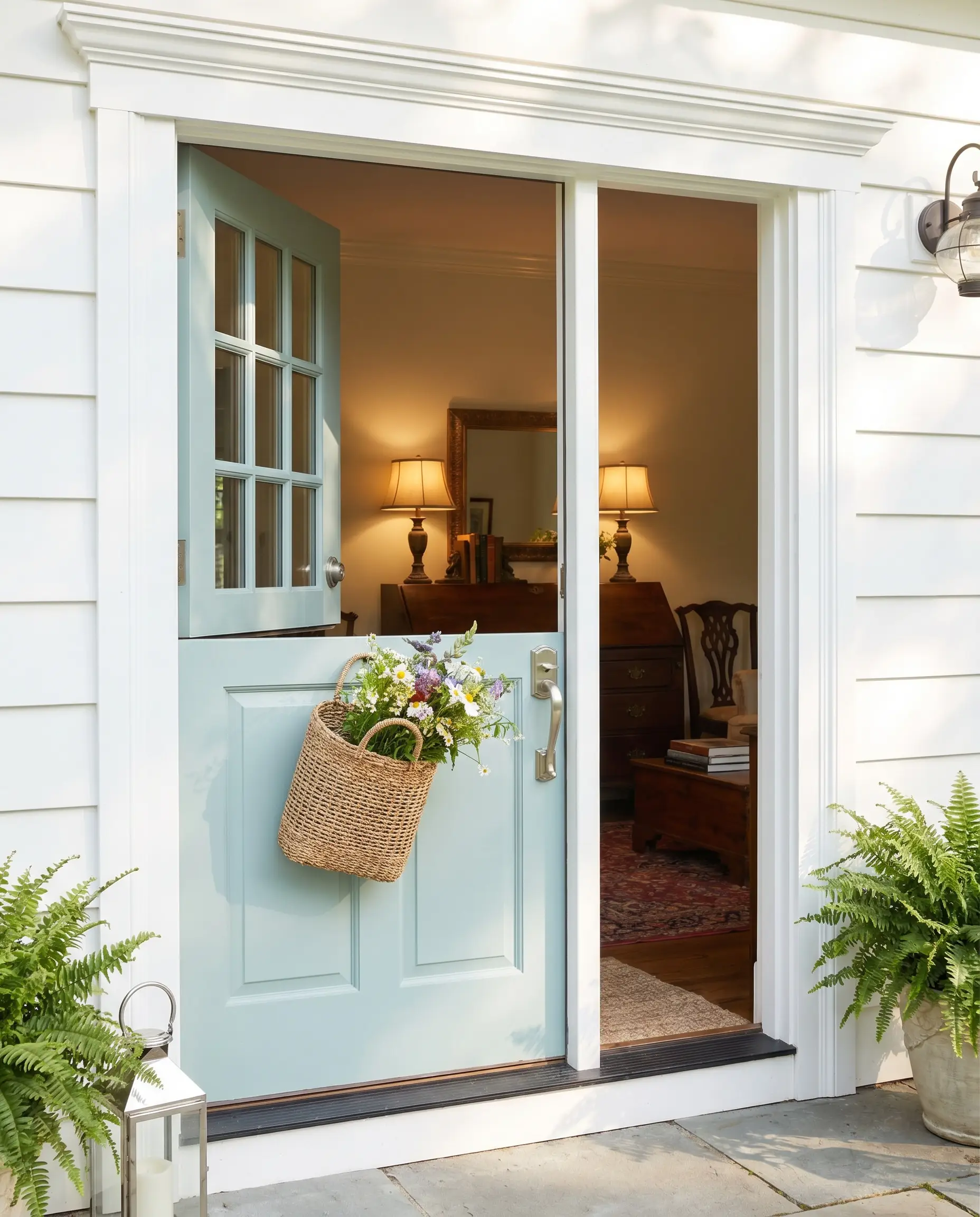 Clean white siding and custom build trim frame a historic cyan Dutch door styled with a classic brushed nickel handle and a woven hanging basket.