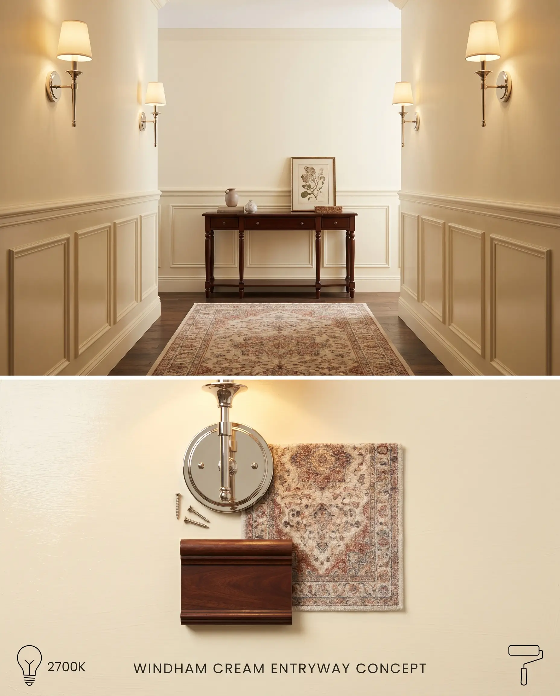 A split-screen digital conceptual board presenting a windowless entryway painted in Windham Cream on top, and a tactile flat-lay of mahogany wood and polished nickel below.