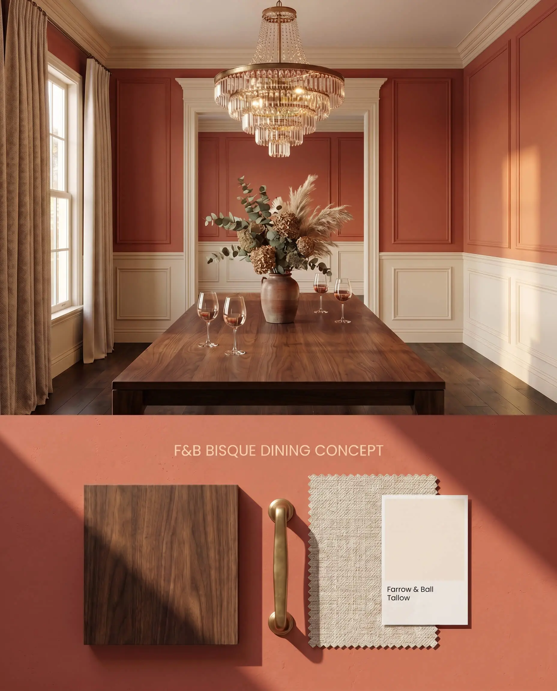 A split digital conceptual board showing a yellowed orange formal dining room on top, and physical walnut, brass, and linen materials below.