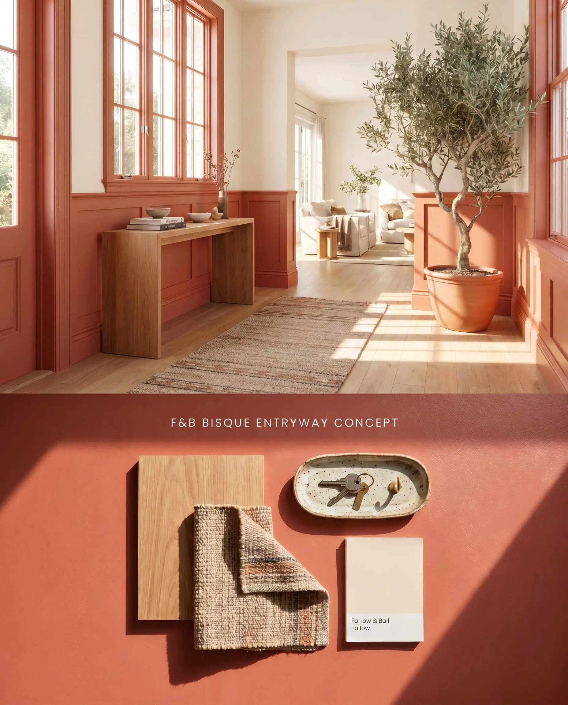 A split digital conceptual board featuring a vibrant coral entryway wainscoting above, paired with smooth oak wood and woven runner textiles below.