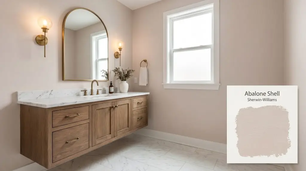 A chic powder room displaying a floating vanity, arched mirror, and white marble flooring with walls painted in Abalone Shell (Hex #DBC7BD).