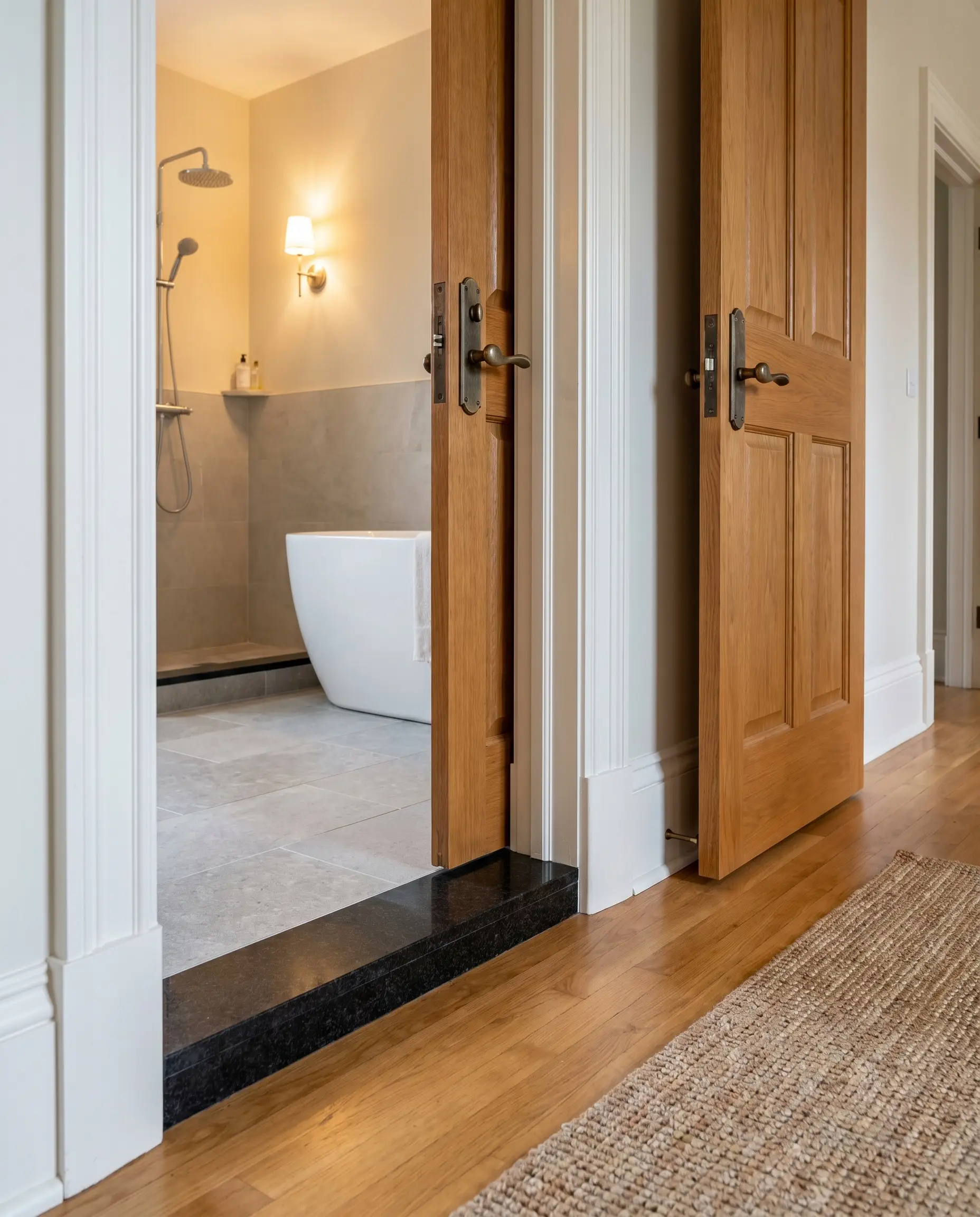 A 2-inch wide Absolute Black Granite raised saddle definitively separates a tiled wet-room bathroom floor from an oak hardwood bedroom hallway.