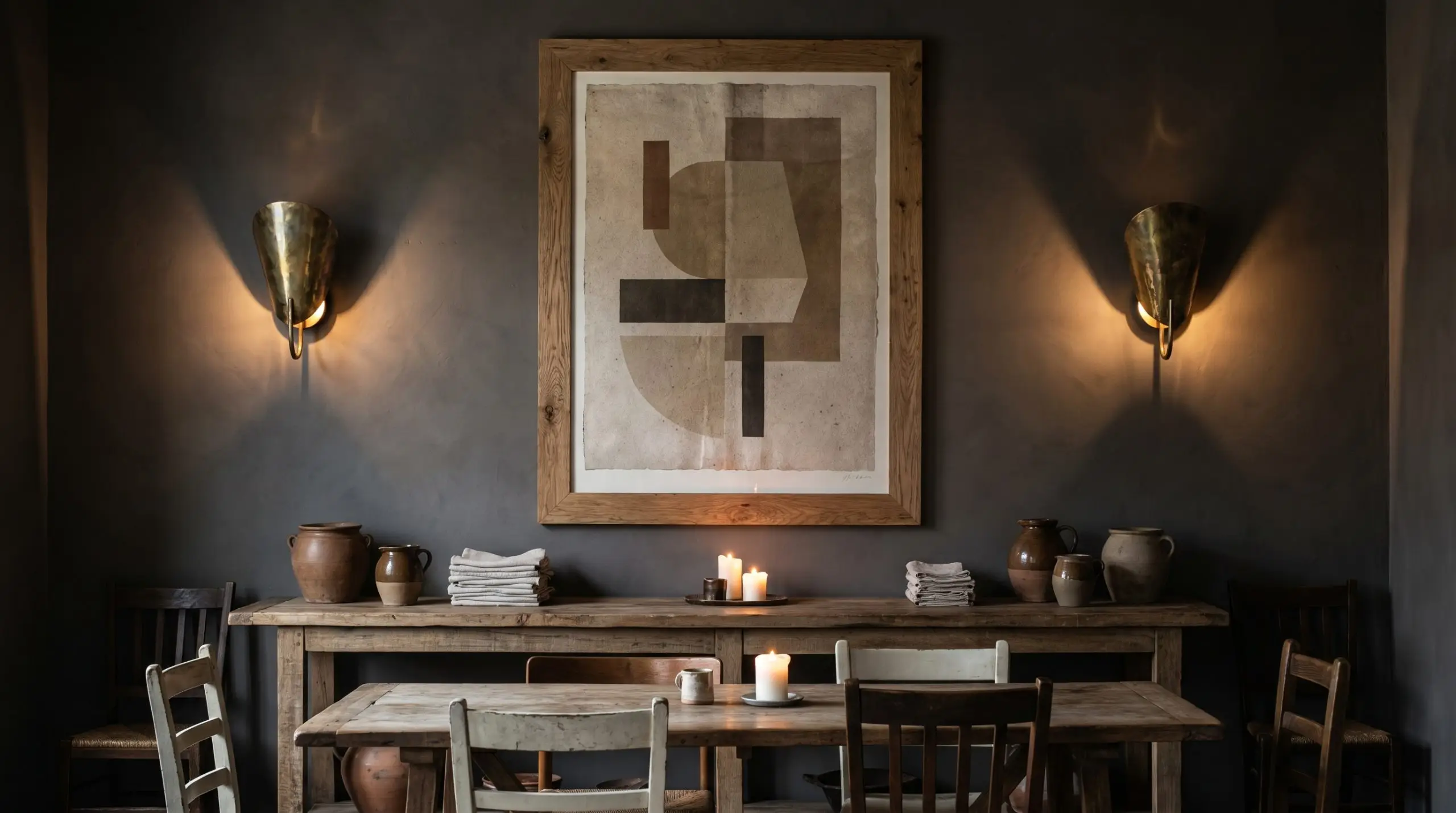Two sculptural aged brass wall sconces flank a large abstract poster in a simple wood frame mounted above a wooden dining buffet table.
