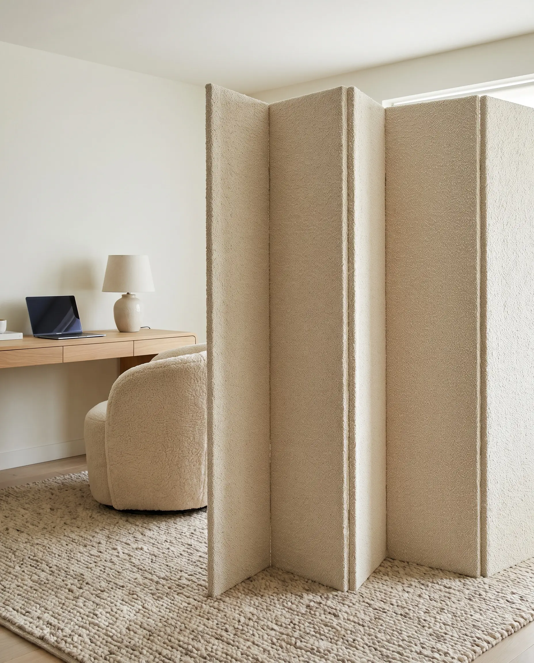 An acoustic upholstered room divider wrapped in rich white bouclé fabric stands on a plush rug, separating a wooden desk from a cozy lounge chair in a Chantilly Lace painted room.