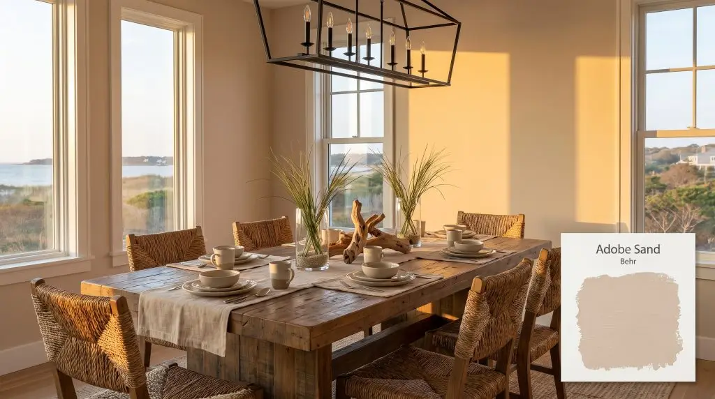 Woven seagrass chairs surround a reclaimed wood dining table under a matte black linear chandelier, bordered by Behr Adobe Sand (Hex #e1d0be) walls.