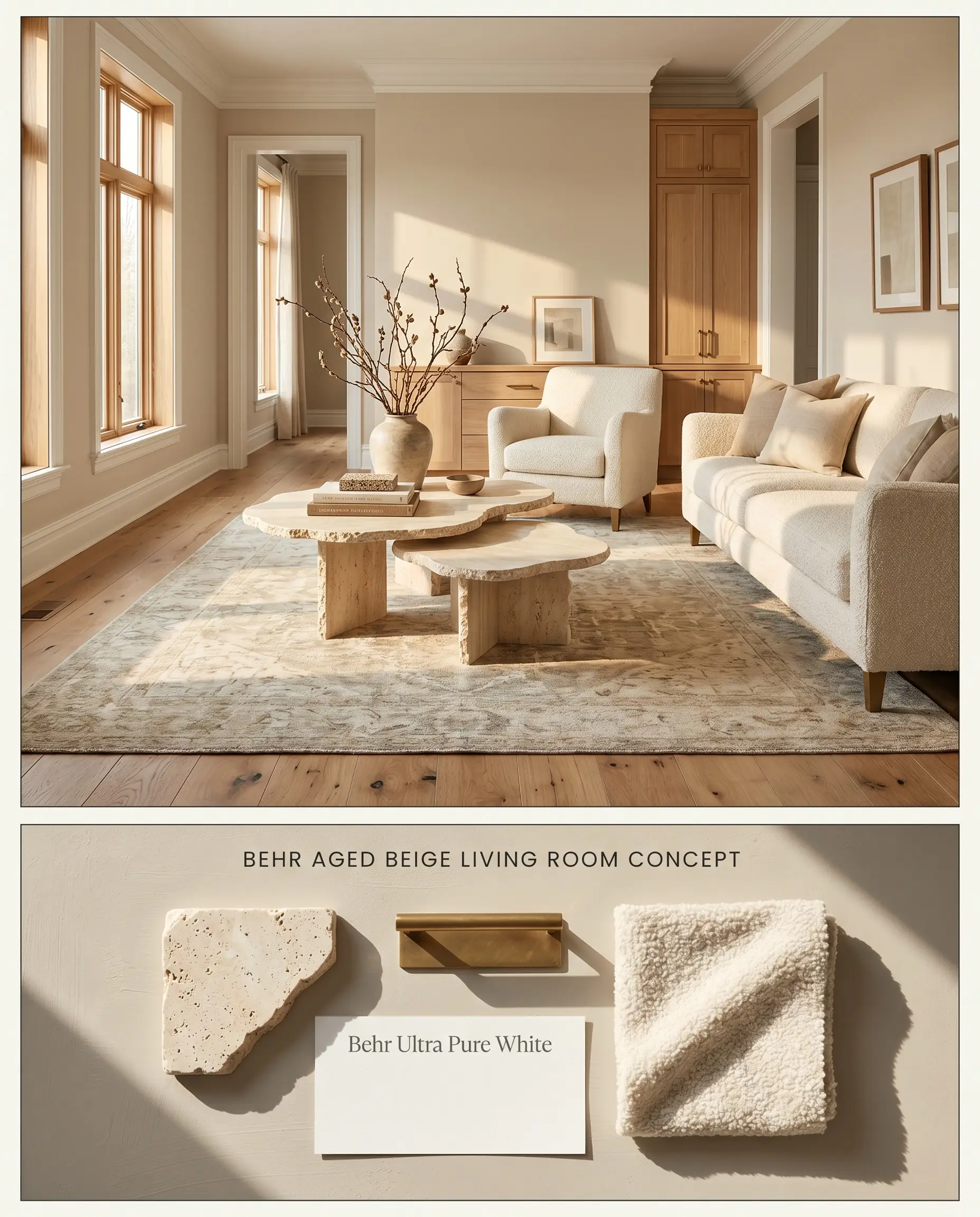 A split digital conceptual board showcasing a muted greige living room above a textured bottom section with tumbled travertine, brass hardware, and boucle textiles.