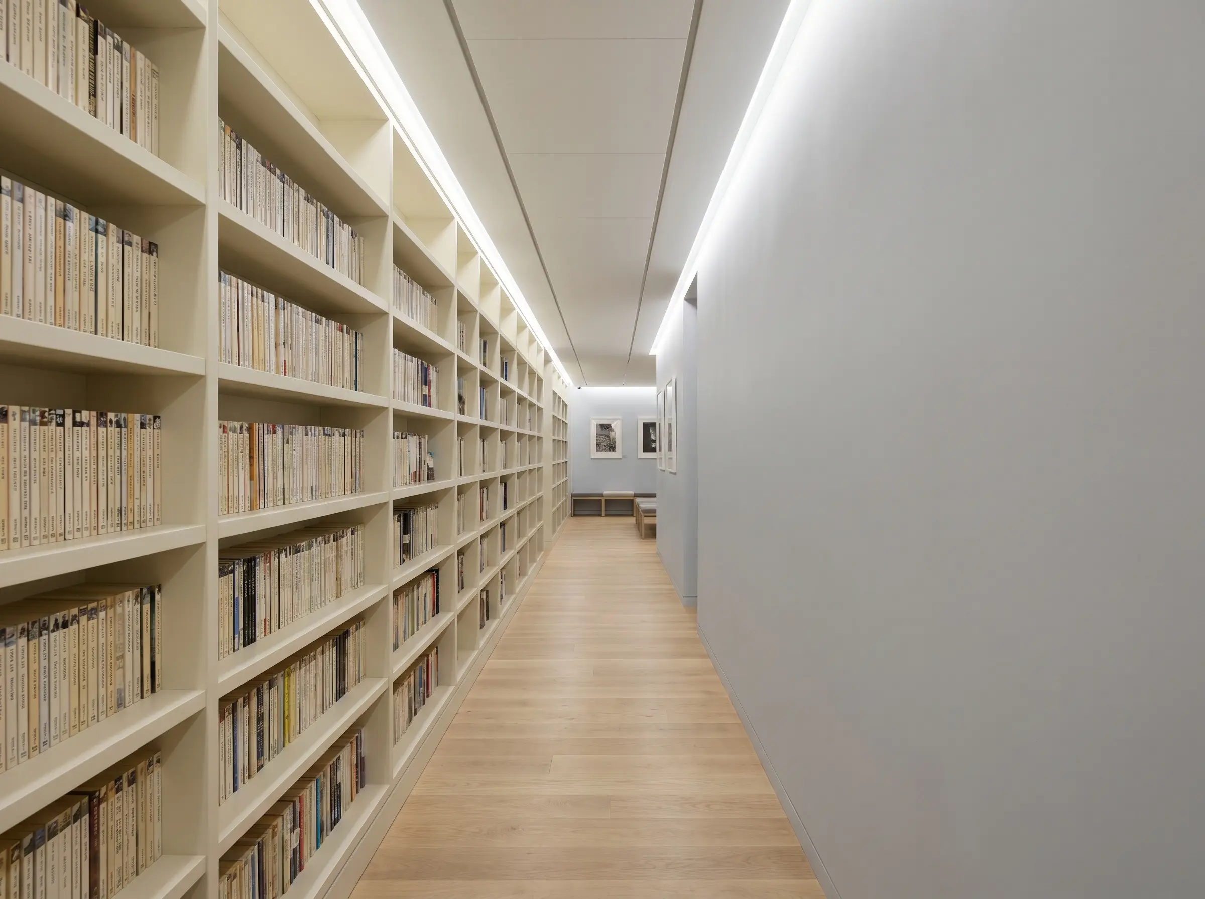 Ultra-shallow floor-to-ceiling shelving painted in Sherwin-Williams Alabaster lines a transitional hallway corridor, displaying standard paperbacks while maintaining strict walking clearance.