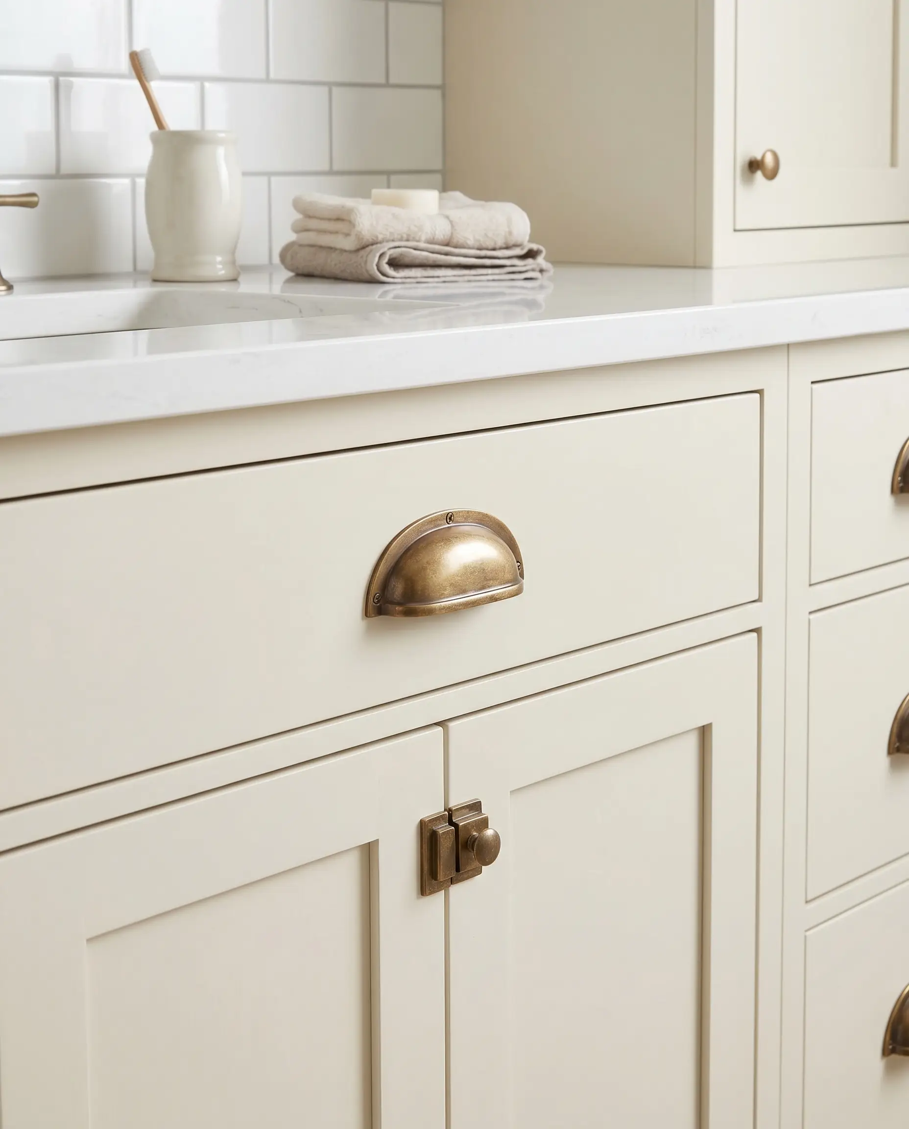 Oversized unlacquered brass half-moon cup pulls centered on Alabaster white Shaker vanity doors beneath a clean white quartz countertop.
