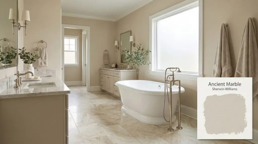 A freestanding white tub and polished nickel fixtures sit on marble floor tiles against Sherwin-Williams Ancient Marble (Hex #D1CCB9) bathroom walls.