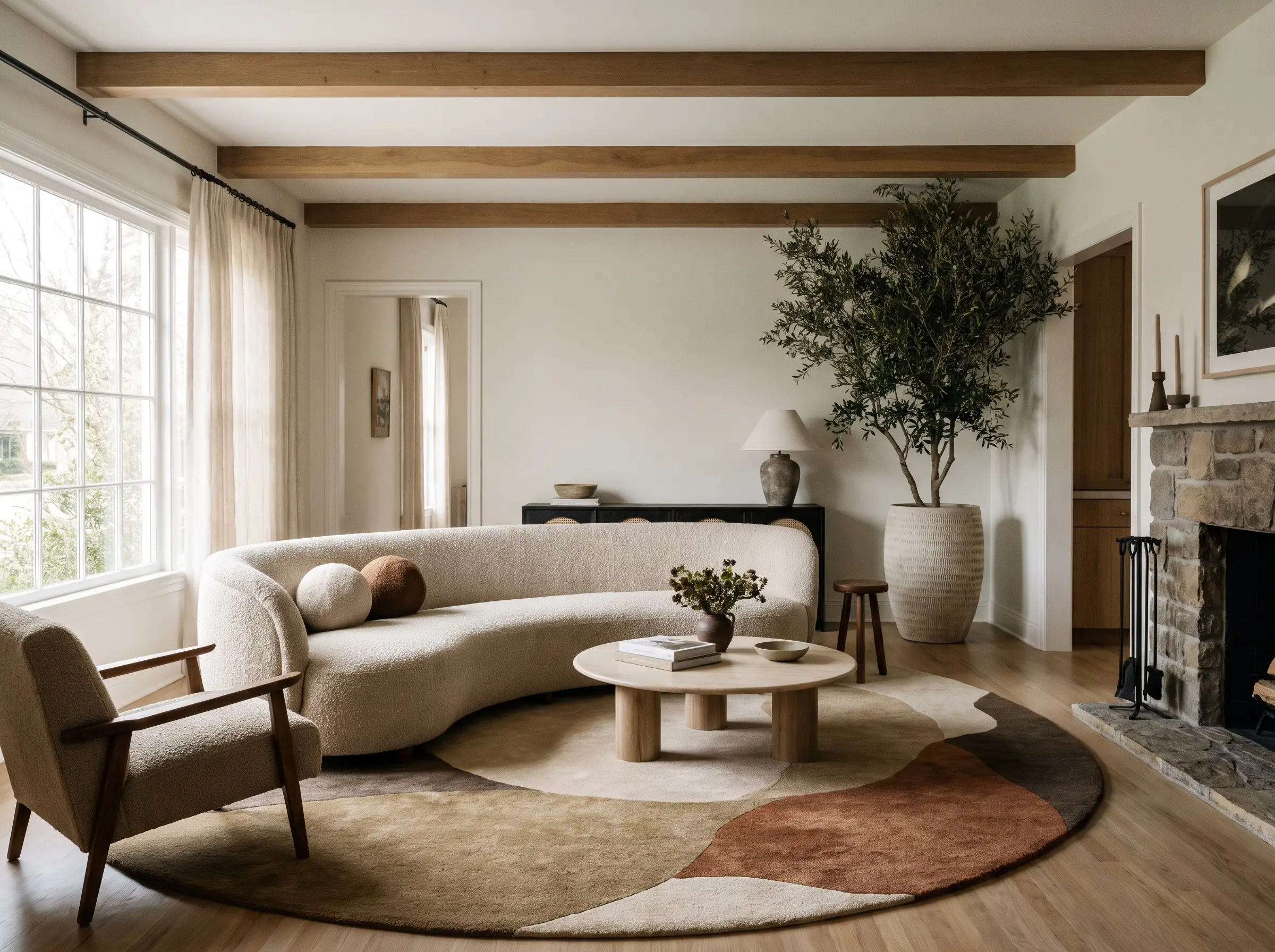An angled serpentine sofa sits diagonally across a rectangular living room corner, backed by a towering Black Olive tree and grounded by an asymmetrical rug.