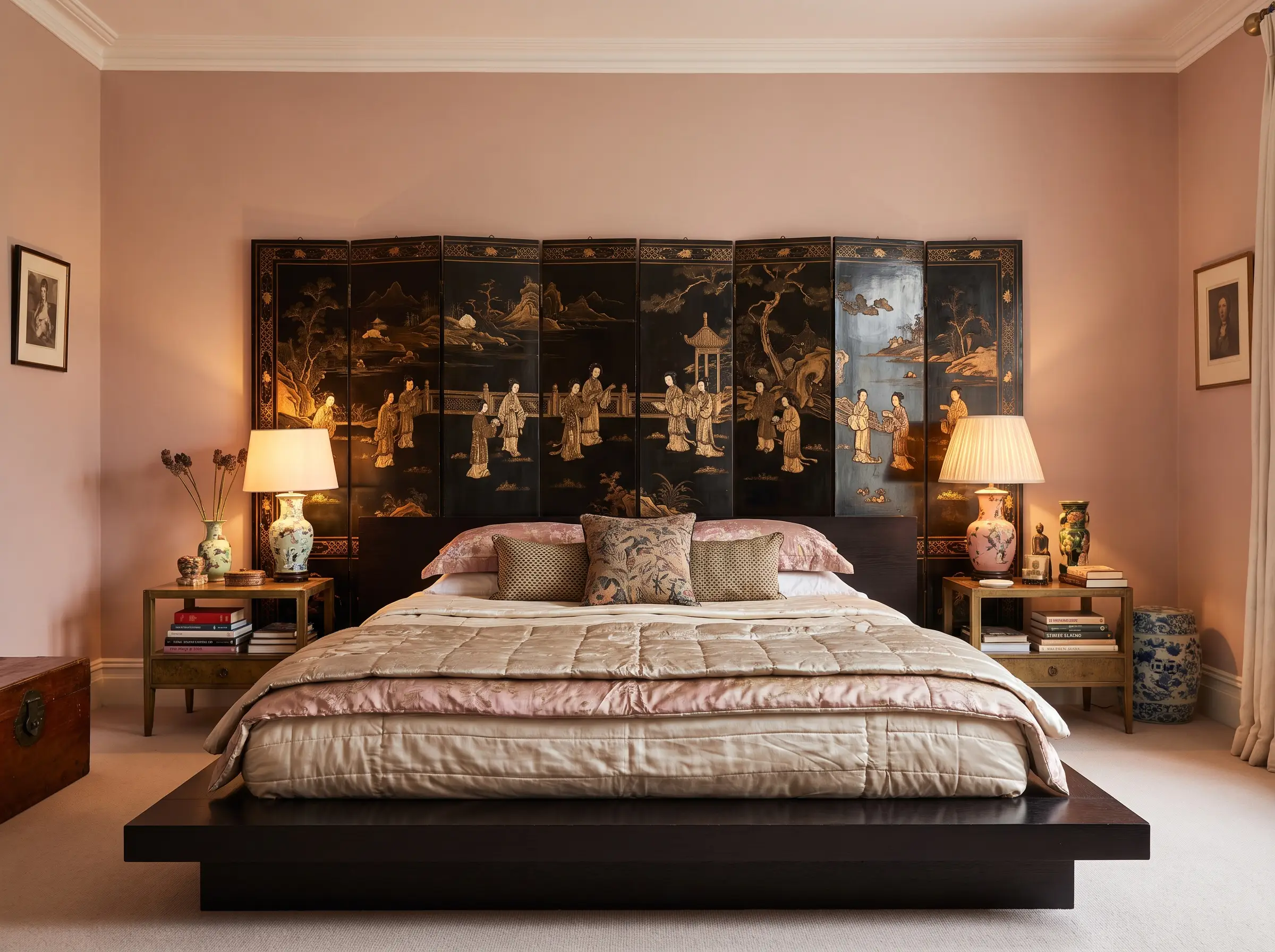 An oversized antique Coromandel lacquer folding screen design is pinned completely flat against Farrow and Ball Setting Plaster walls, serving as a dramatic headboard for a low-profile modern platform bed.