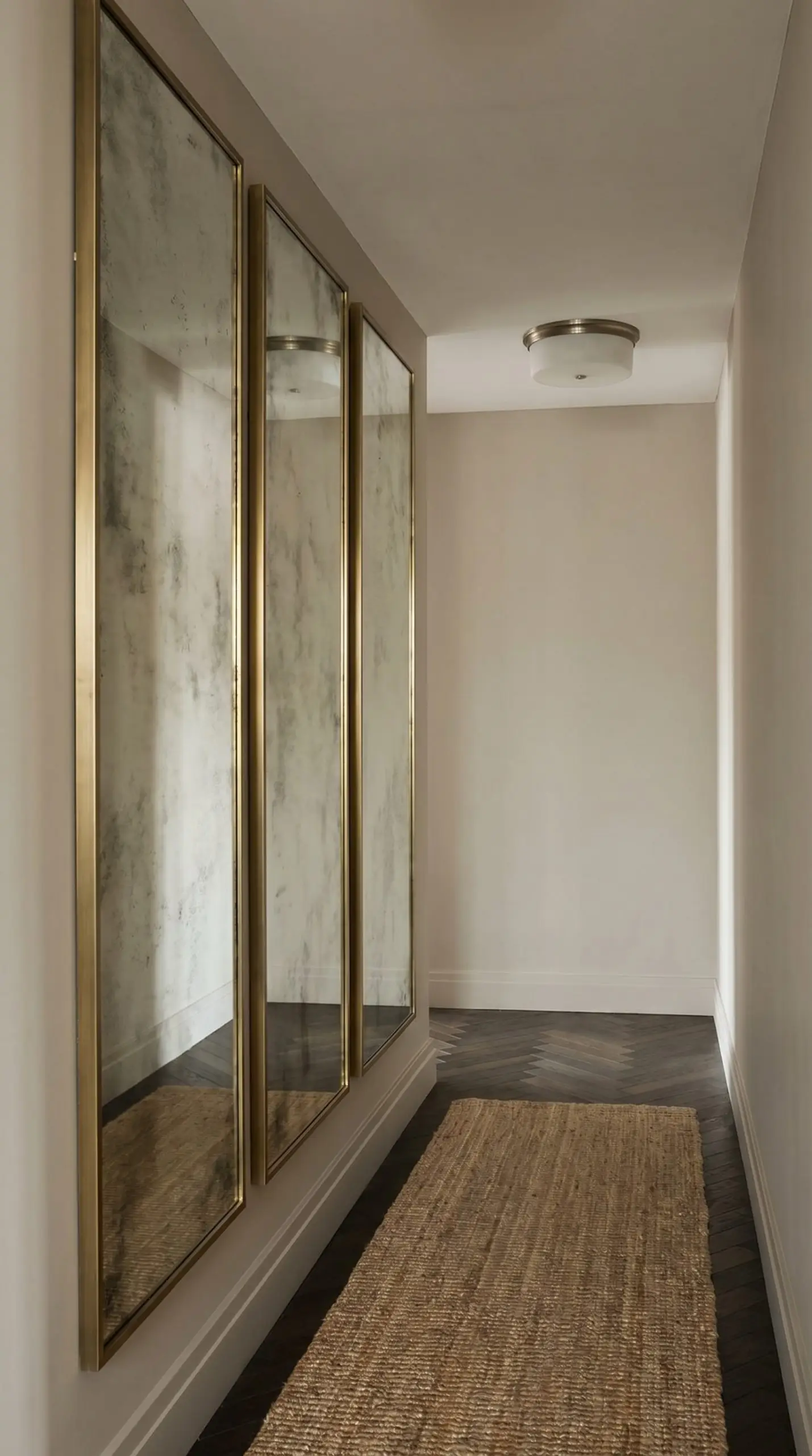 Three ultra-narrow vertical panels of antiqued foxed mirror glass hang exactly three inches apart above a classic herringbone wood floor.
