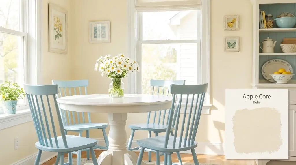 Light blue spindle chairs and a white pedestal table sit in a bright breakfast nook with walls painted in Behr Apple Core (Hex #f4eed8).