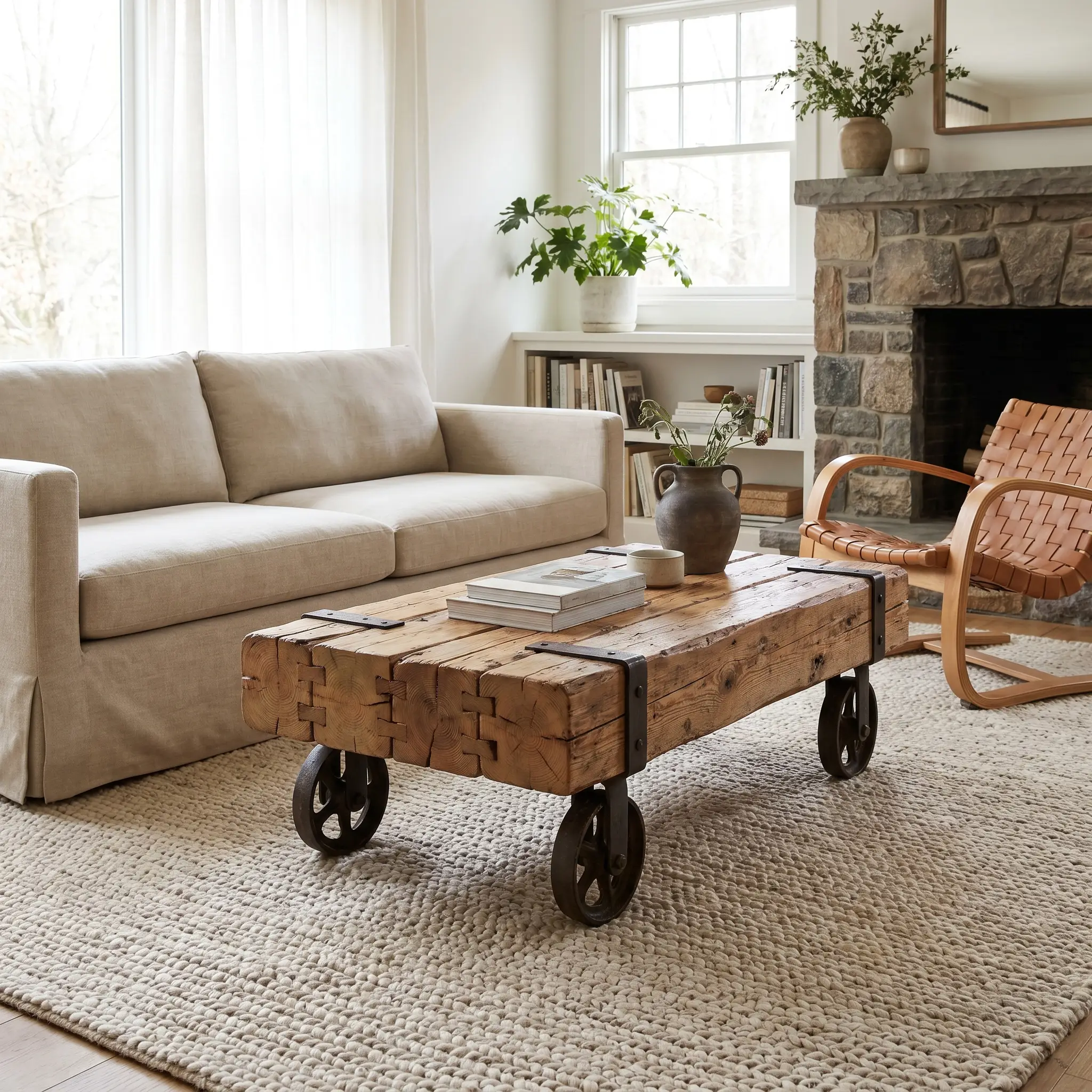 An architectural salvage pine coffee table with cast iron casters anchors a modern shabby chic living room between a slipcovered sofa and accent chair.
