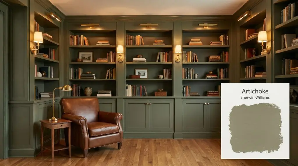 A leather armchair and brass sconces highlight moody library built-in shelving painted in Sherwin-Williams Artichoke (Hex #7F8266) over oak floors.