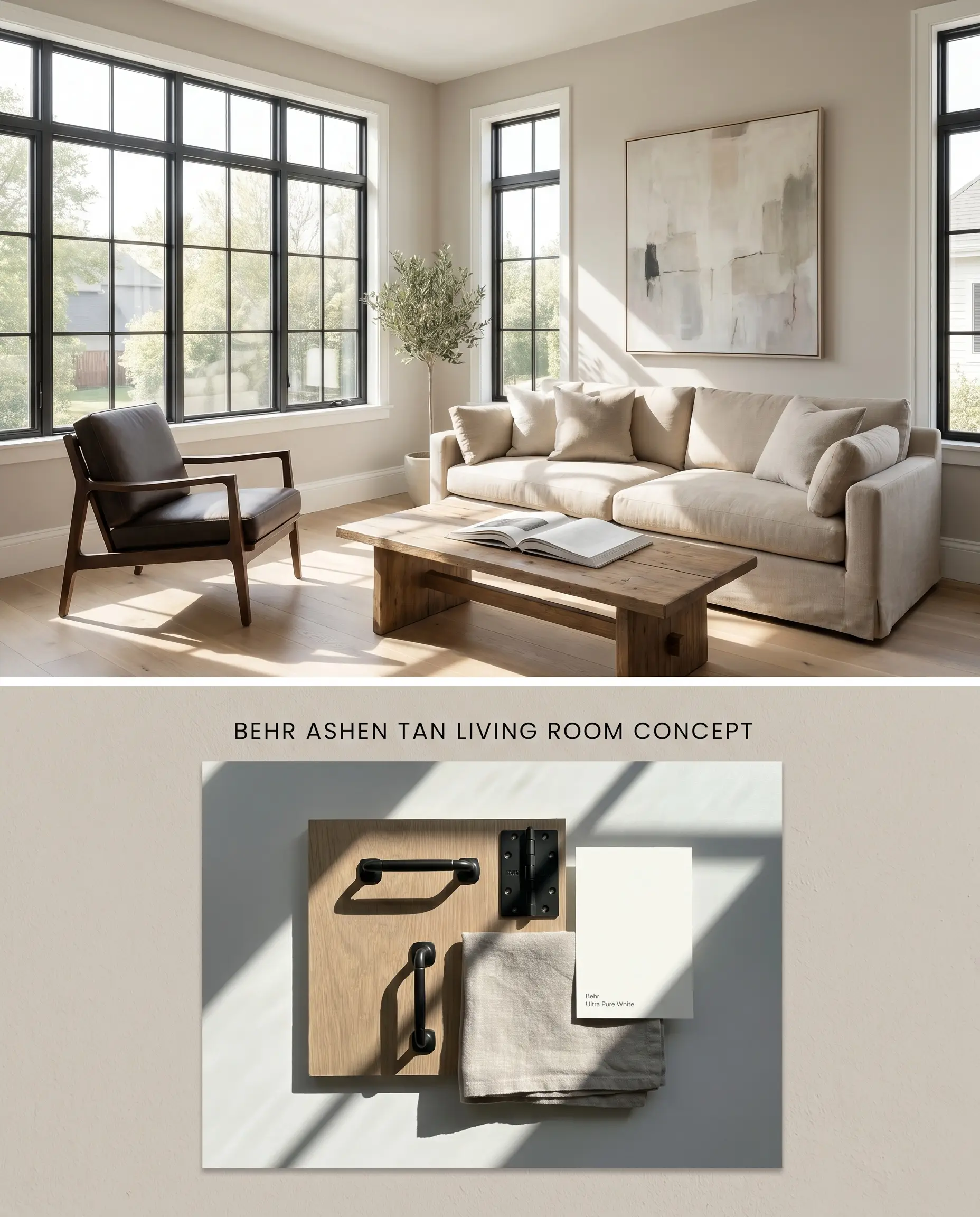 A split digital conceptual board showing a sunlit living room with warm greige walls on top, and physical matte oak, steel hardware, and white trim swatches below.