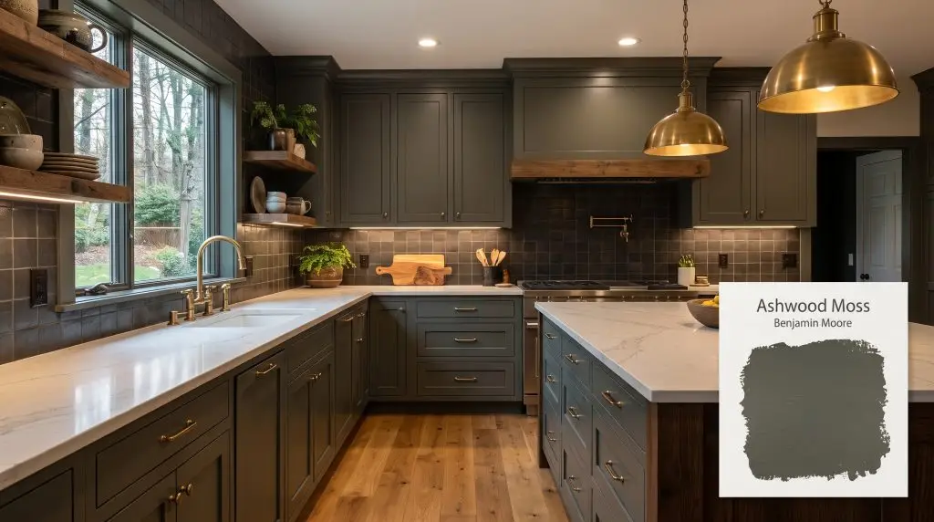 Custom kitchen cabinetry finished in Ashwood Moss (Hex #565851) contrasts with a soft white quartz countertop, brass hardware, and golden oak floors.