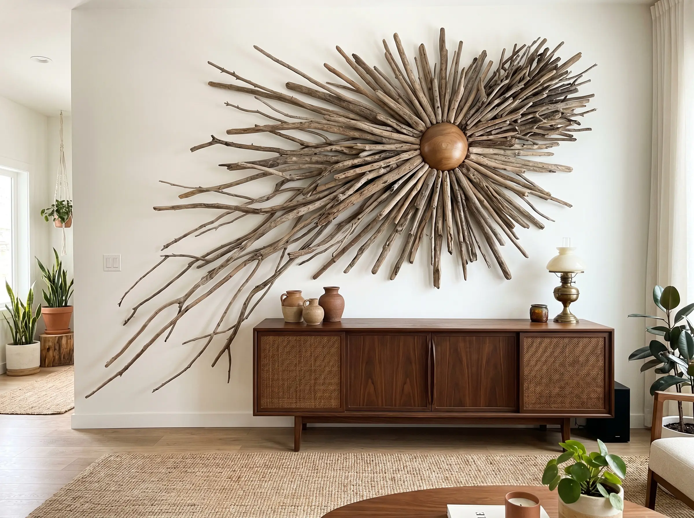 An asymmetrical driftwood sunburst crafted from straight twigs hangs directly over a sleek rift-sawn walnut mid-century modern credenza.