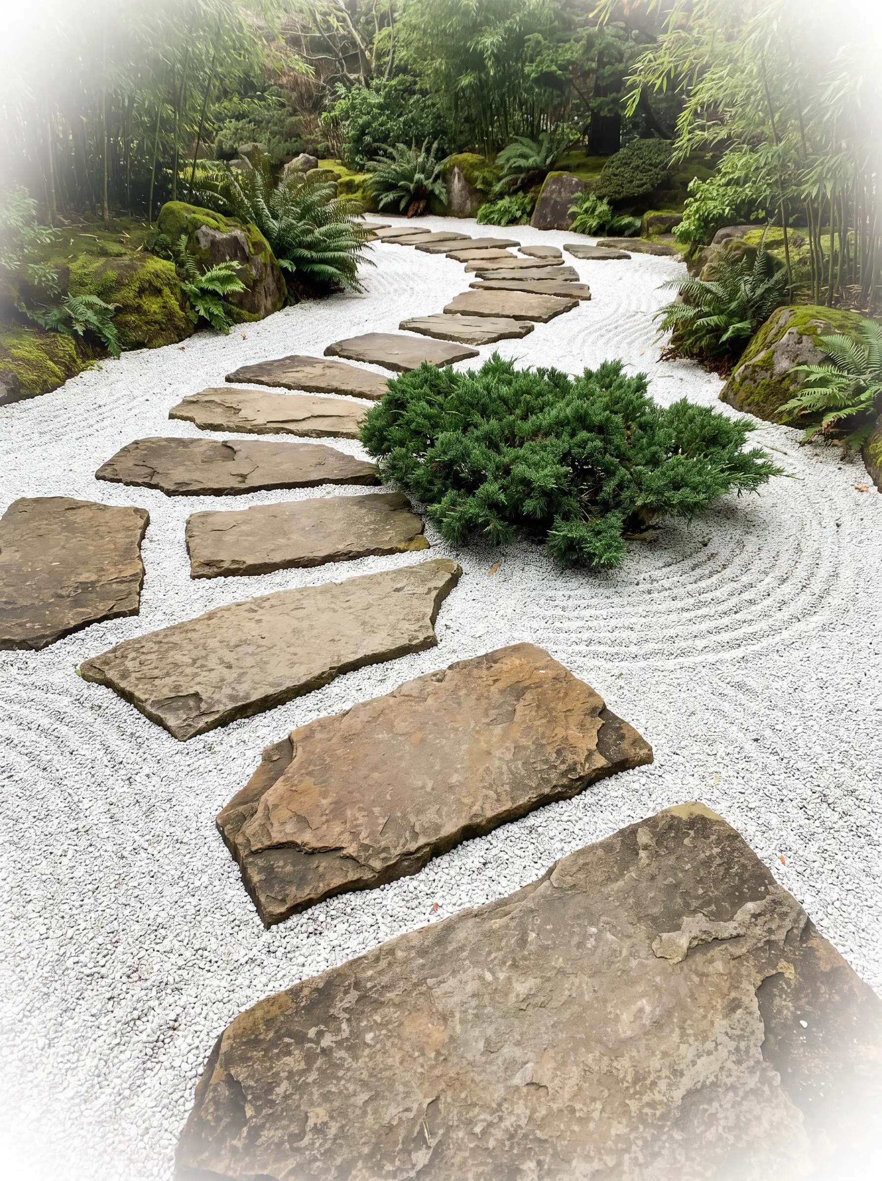 Large irregular natural flagstone stepping stones create an asymmetrical meandering path across raked white aggregate around an evergreen shrub in a bespoke zen garden.