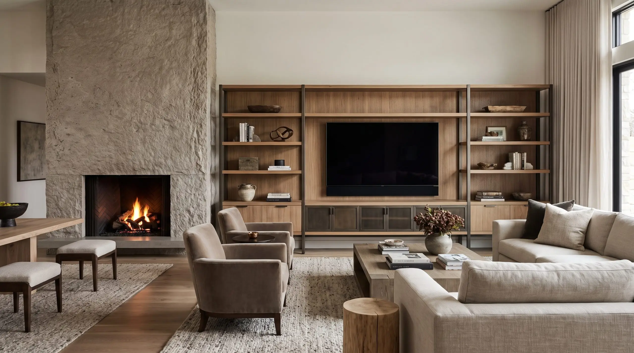 A custom-built media console and television balance a fireplace anchored to the far left of a right-angled media zone in a sophisticated living room.