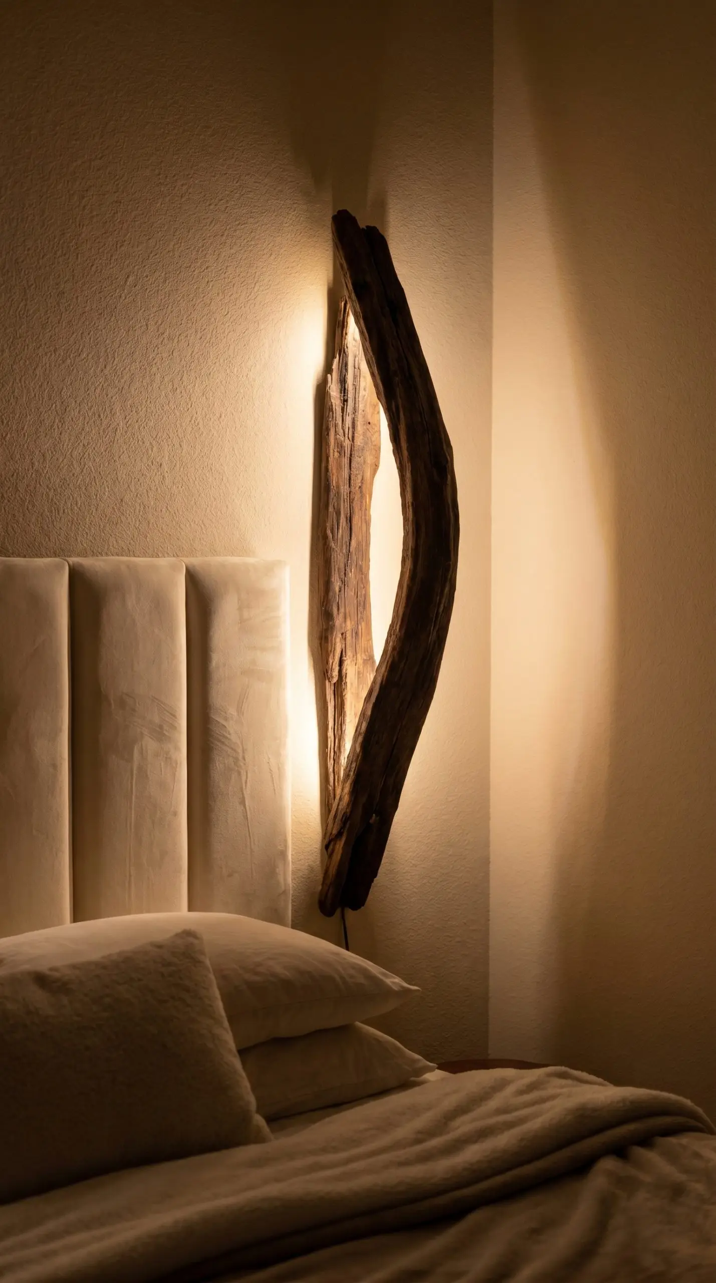 A naturally curved vertical driftwood sconce backlit by warm LED strips flanks a plush upholstered primary bedroom headboard.