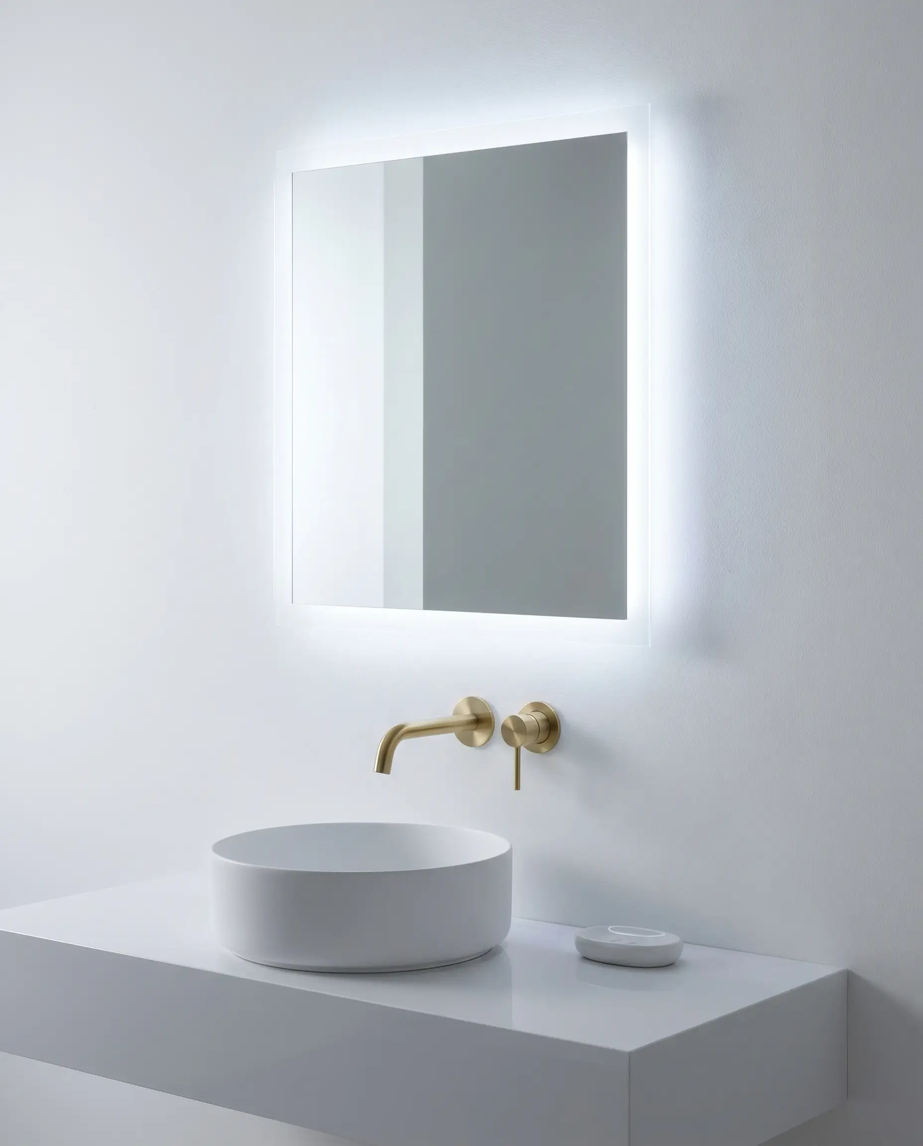 A floating frameless mirror with hidden LED backlighting glows above a wall-mounted brass basin mixer and a sleek white vessel sink.
