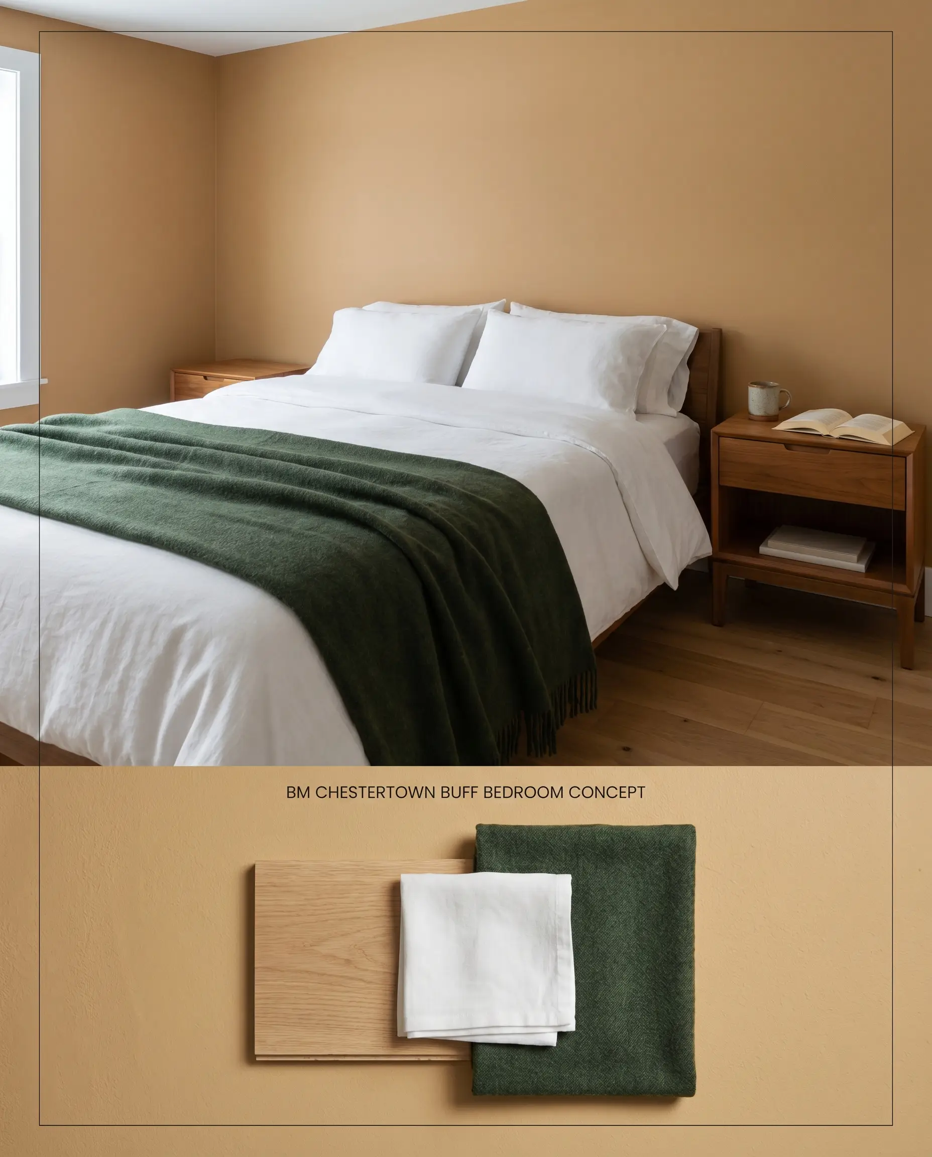 A split digital conceptual board for a restful bedroom showcasing baked terracotta-tan walls, with a bottom layout featuring wide-plank white oak and hunter green wool samples.