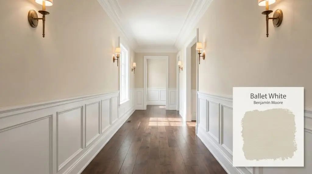 Crisp wainscoting, dark walnut flooring, and antique brass sconces line an elegant hallway finished in Benjamin Moore Ballet White (Hex #E5E0D0).