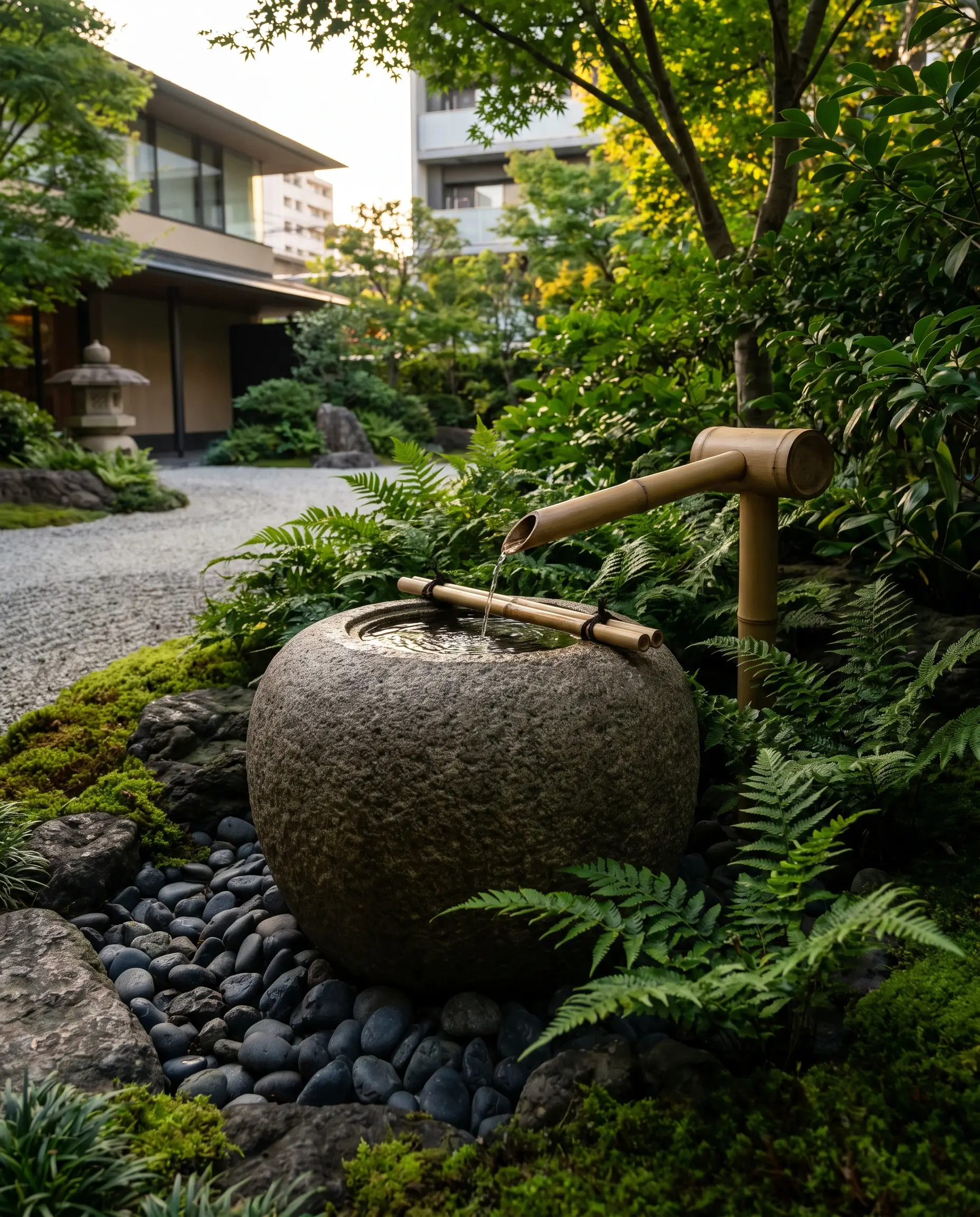 A traditional bamboo Shishi-odoshi water spout strikes a solid stone basin nestled among deep green ferns and dark river rocks.
