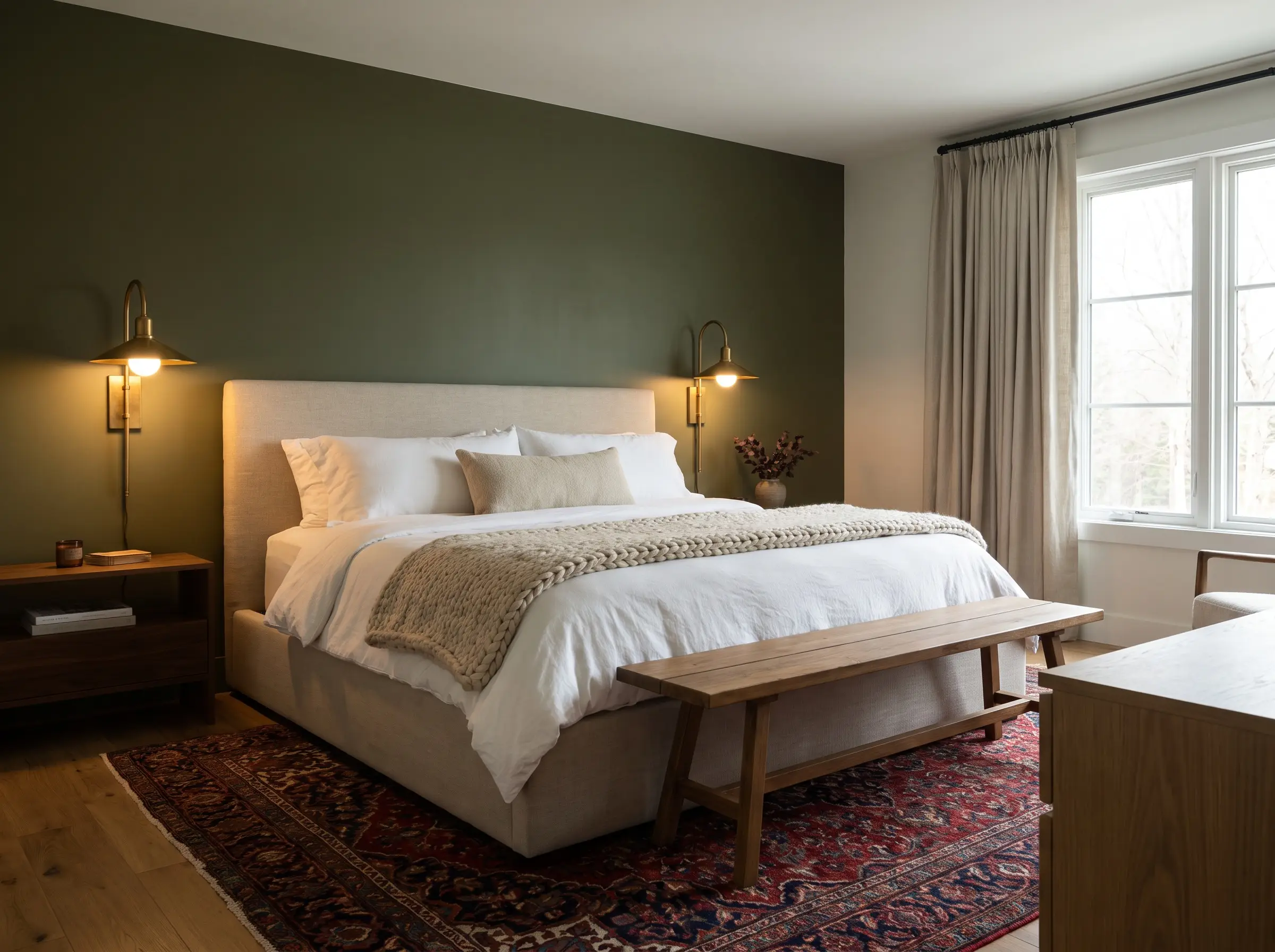 A matte bancha green accent wall anchors a primary bedroom featuring an upholstered linen bed flanked by oversized brass sconces over oak floors.