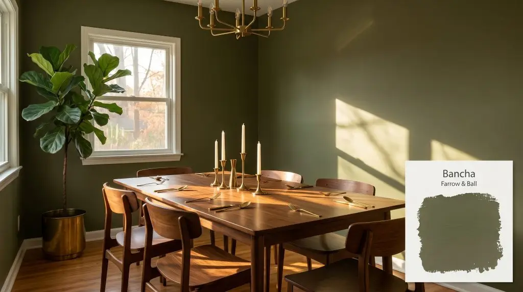 Rich walnut wood furniture and brass accents anchor this mid-century modern dining space featuring walls finished in Farrow & Ball 298 (Hex #676a49).