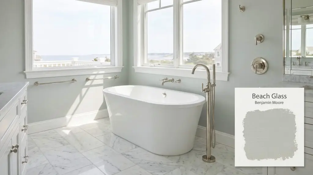 A freestanding tub, marble floor tiles, and polished nickel fixtures highlight a luxurious coastal bathroom finished in Benjamin Moore Beach Glass (Hex #B3BEB9).