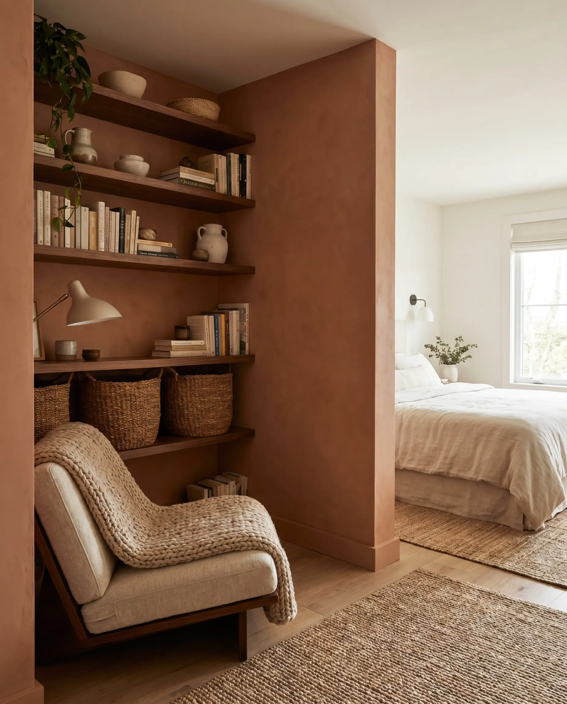 Floating walnut ledges wrap around a Roman clay bedroom corner, creating an architectural alcove above a low-profile lounge chair and woven baskets.