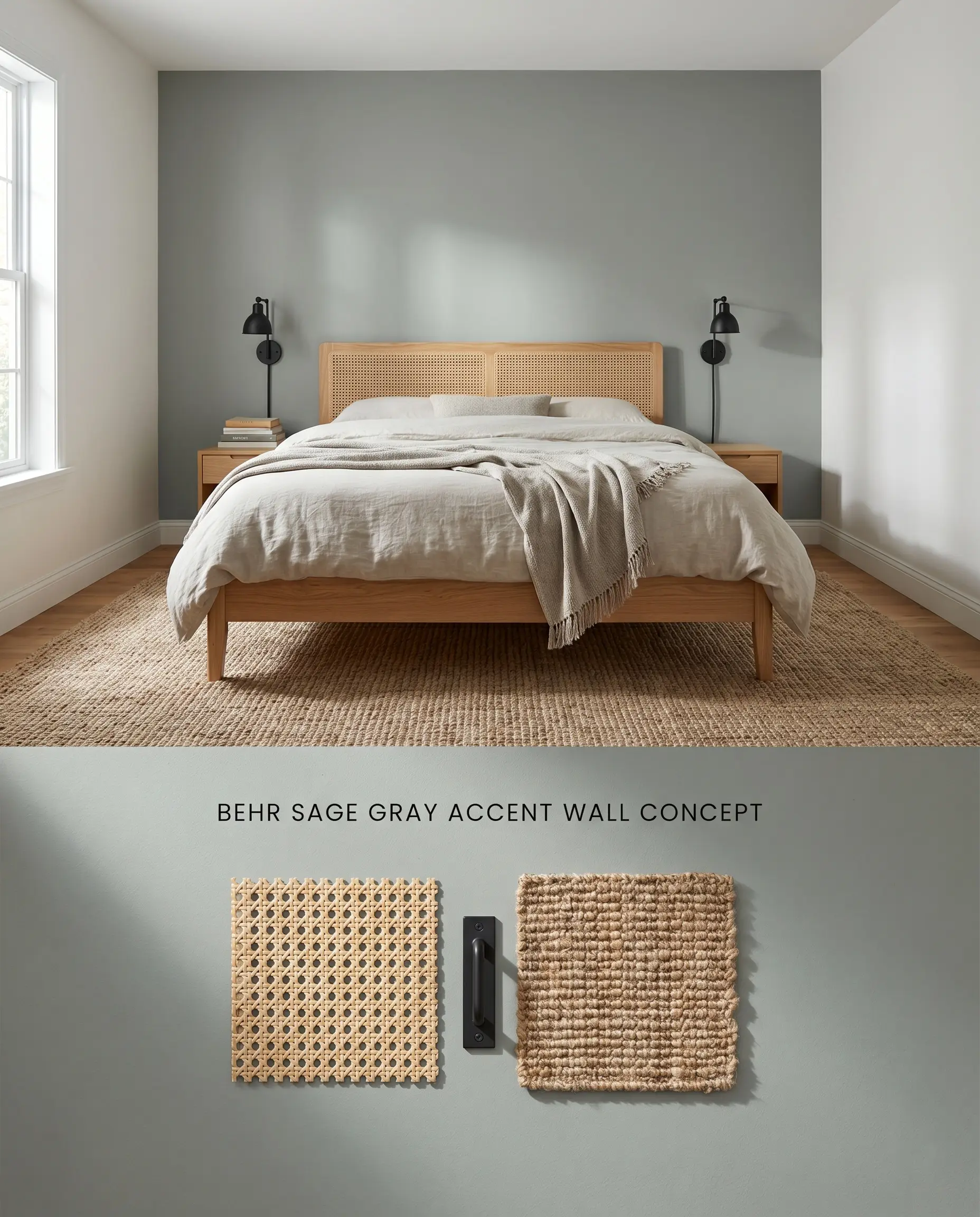 A split digital conceptual board for a bedroom highlighting a mid-tone neutral focal accent wall behind a natural wood bed, grounded by a flat-lay of cane webbing and matte black iron below.