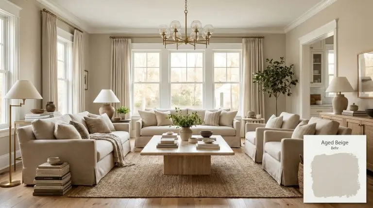 A photorealistic living room painted in Behr Aged Beige (Hex #d7cfc0), featuring raw oak hardwood floors, natural linen seating, and unlacquered brass hardware.