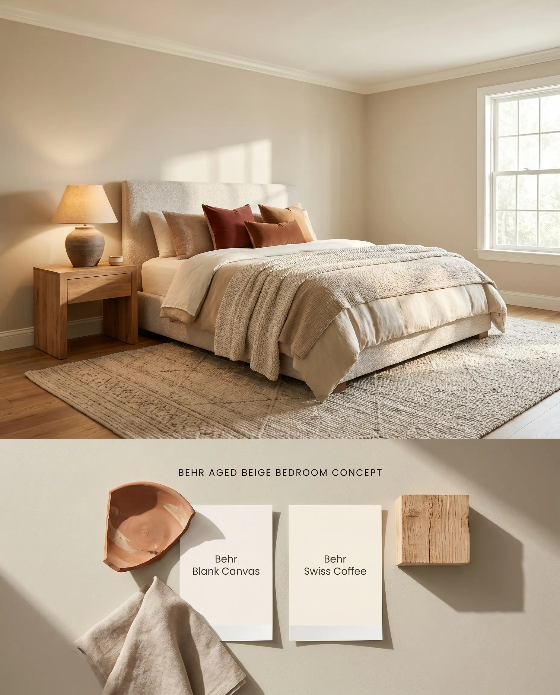 A split digital conceptual board featuring a Behr Aged Beige bedroom above a tactile bottom section displaying terracotta fragments, linen swatches, and natural wood.
