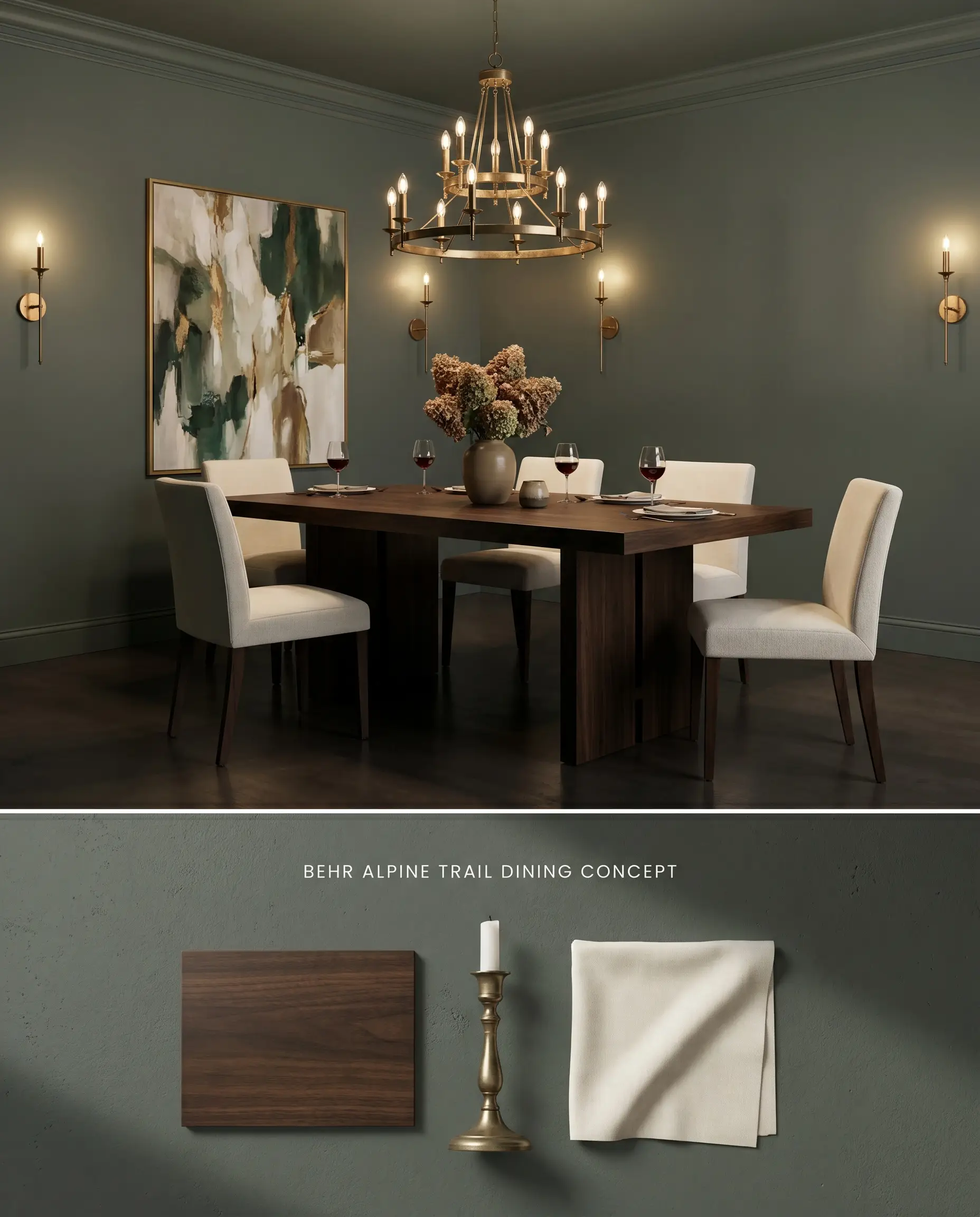 A split digital conceptual board for a color-drenched dining room painted in Behr Alpine Trail, with the textured bottom section highlighting espresso walnut wood and cream upholstery.