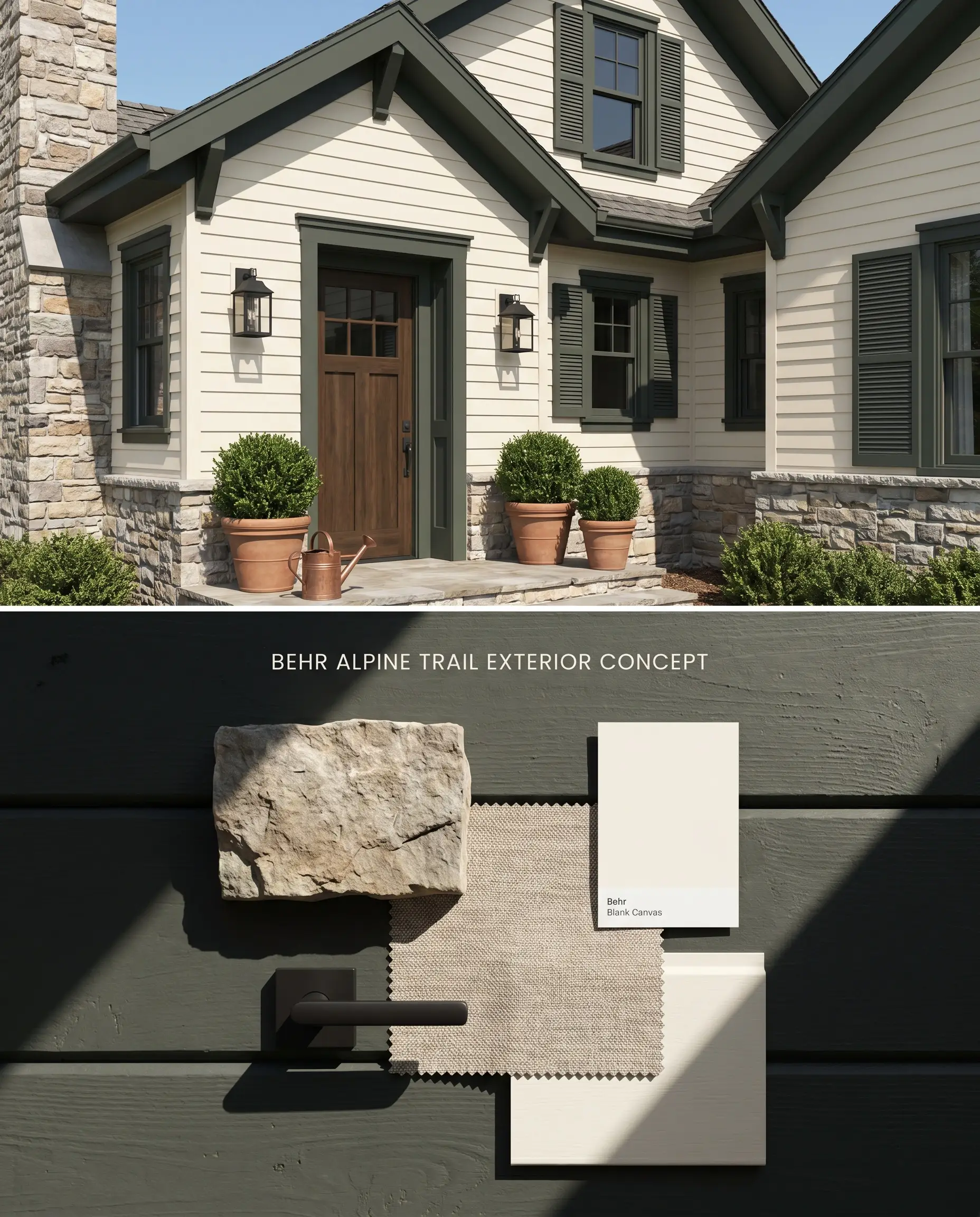 A split digital conceptual board for a home exterior highlighting Behr Alpine Trail on shutters and trim, with a bottom section showing natural stone and matte black hardware.