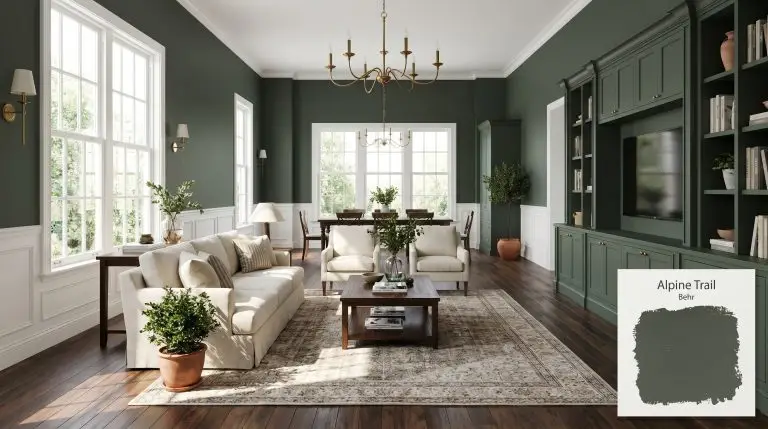 A photorealistic architectural wide view of an open-concept living space painted in Behr Alpine Trail (Hex #515a52), featuring dark walnut floors and a cream linen sofa.