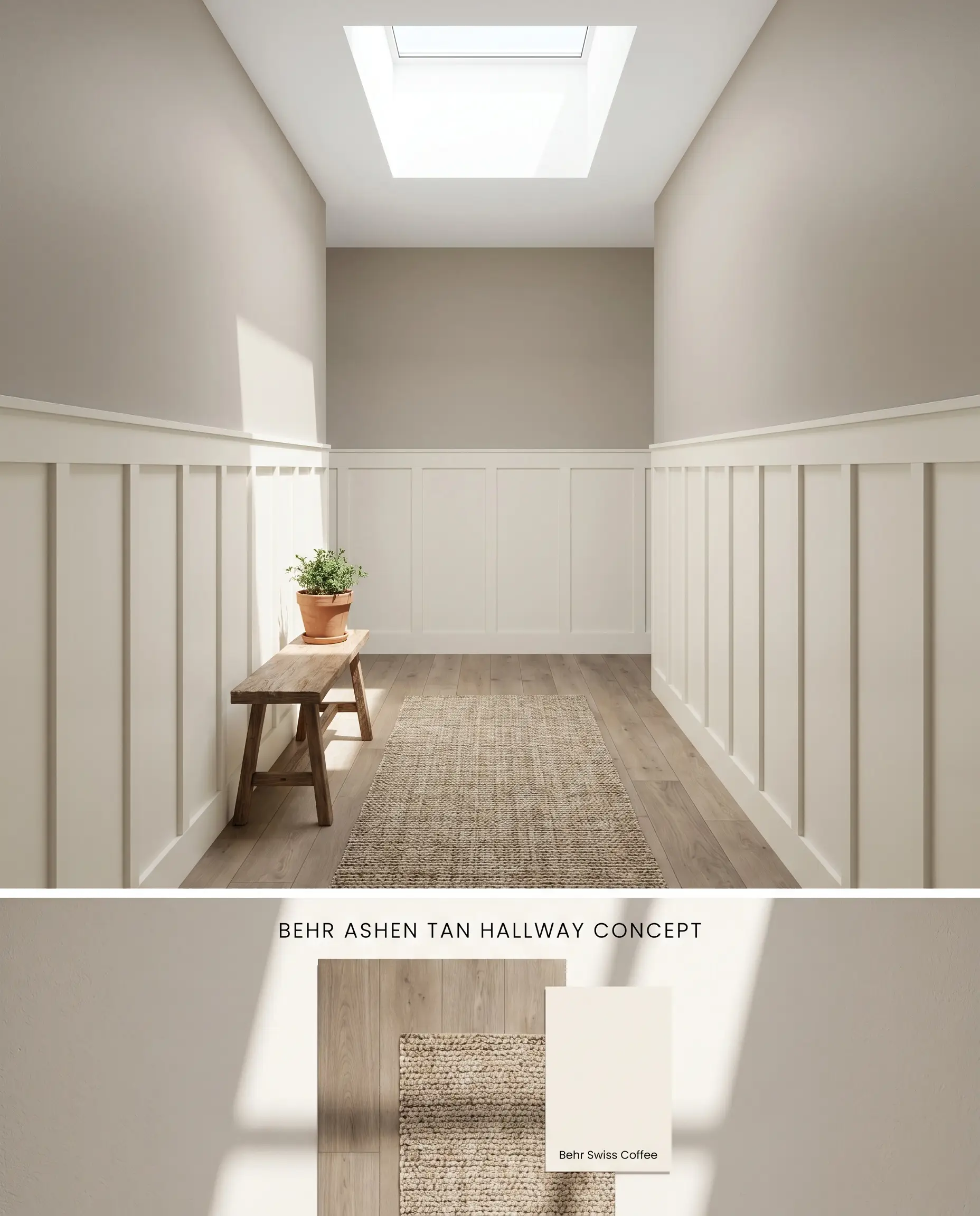 A split conceptual board displaying a skylit hallway with taupe upper walls and cream wainscoting, grounded by a flat-lay of neutral hardwood and woven rug swatches.