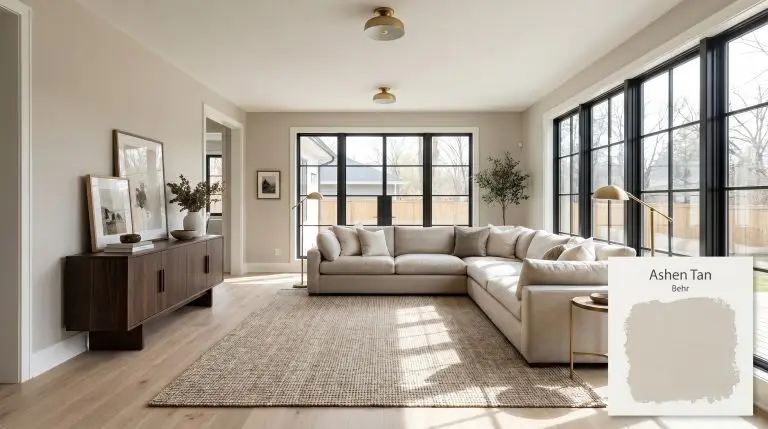 A bright living room painted in Behr Ashen Tan (Hex #d3cabf), featuring matte white oak floors, blackened steel windows, and a dark walnut credenza.