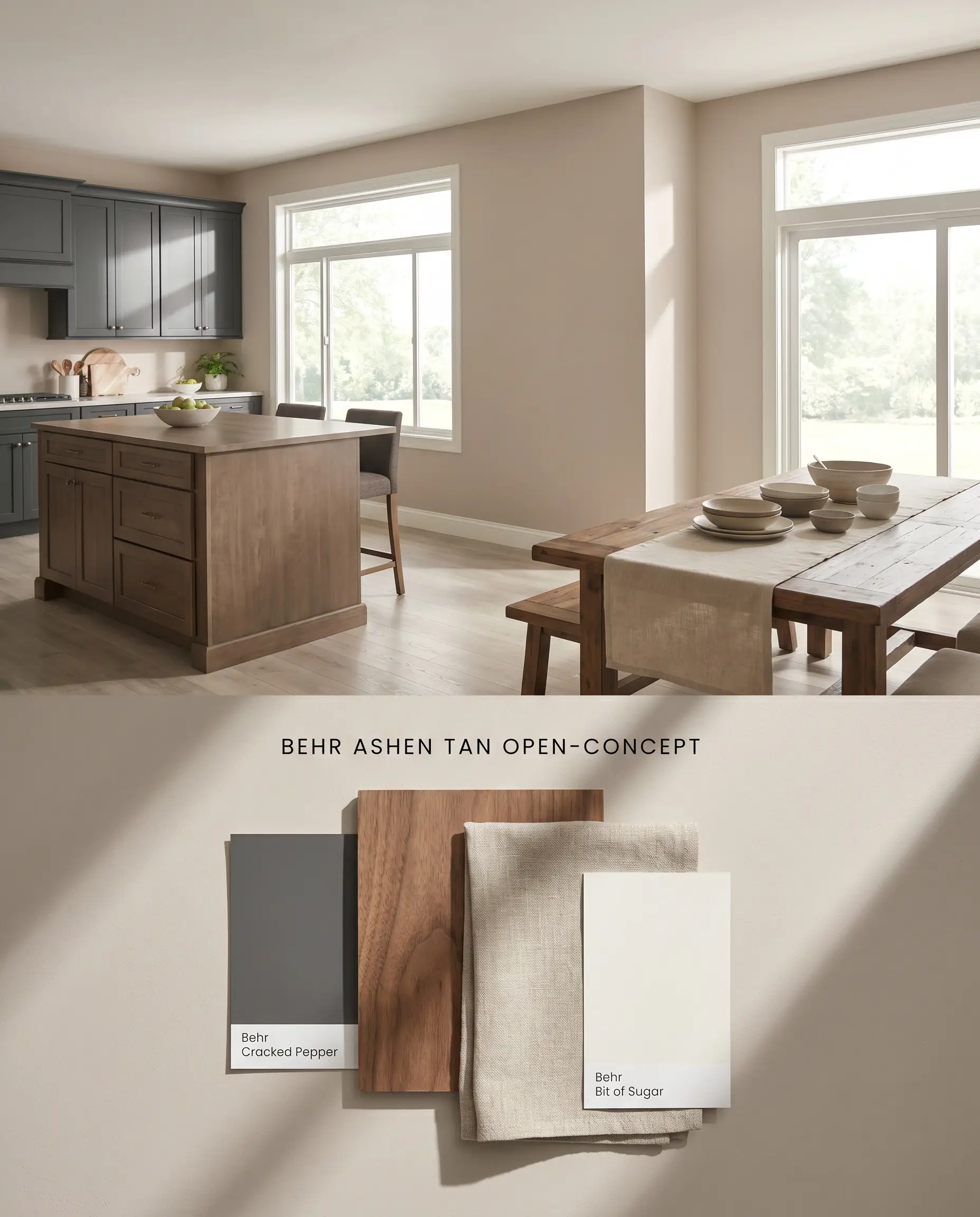A split digital conceptual board showcasing an open-concept space painted in Behr Ashen Tan atop a flat-lay of dark gray cabinet swatches, walnut wood, and white trim.