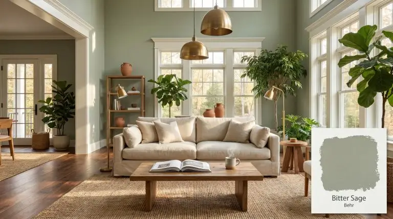 A wide architectural view of a biophilic living space featuring Behr Bitter Sage (Hex #97a18d) walls, expansive walnut floors, creamy white trim, and lush foliage.