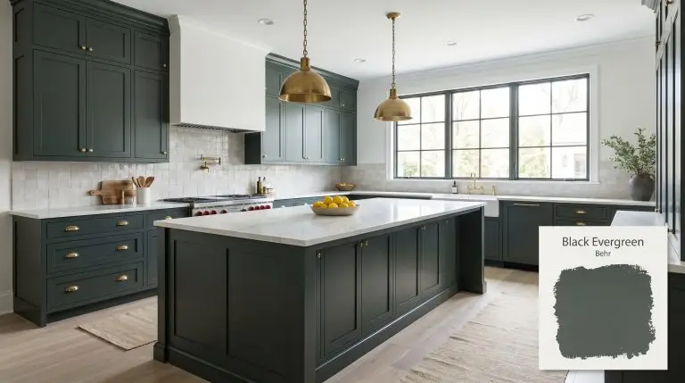 A photorealistic wide architectural shot of a high-end kitchen featuring lower cabinetry painted in Behr Black Evergreen (Hex #45524f), pale zellige tile, and unlacquered brass.