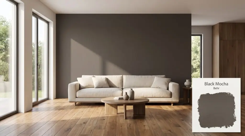 A minimalist living room featuring warm oak hardwood floors, a cream linen sofa, and a bold accent wall painted in Behr Black Mocha (Hex #4b4743).